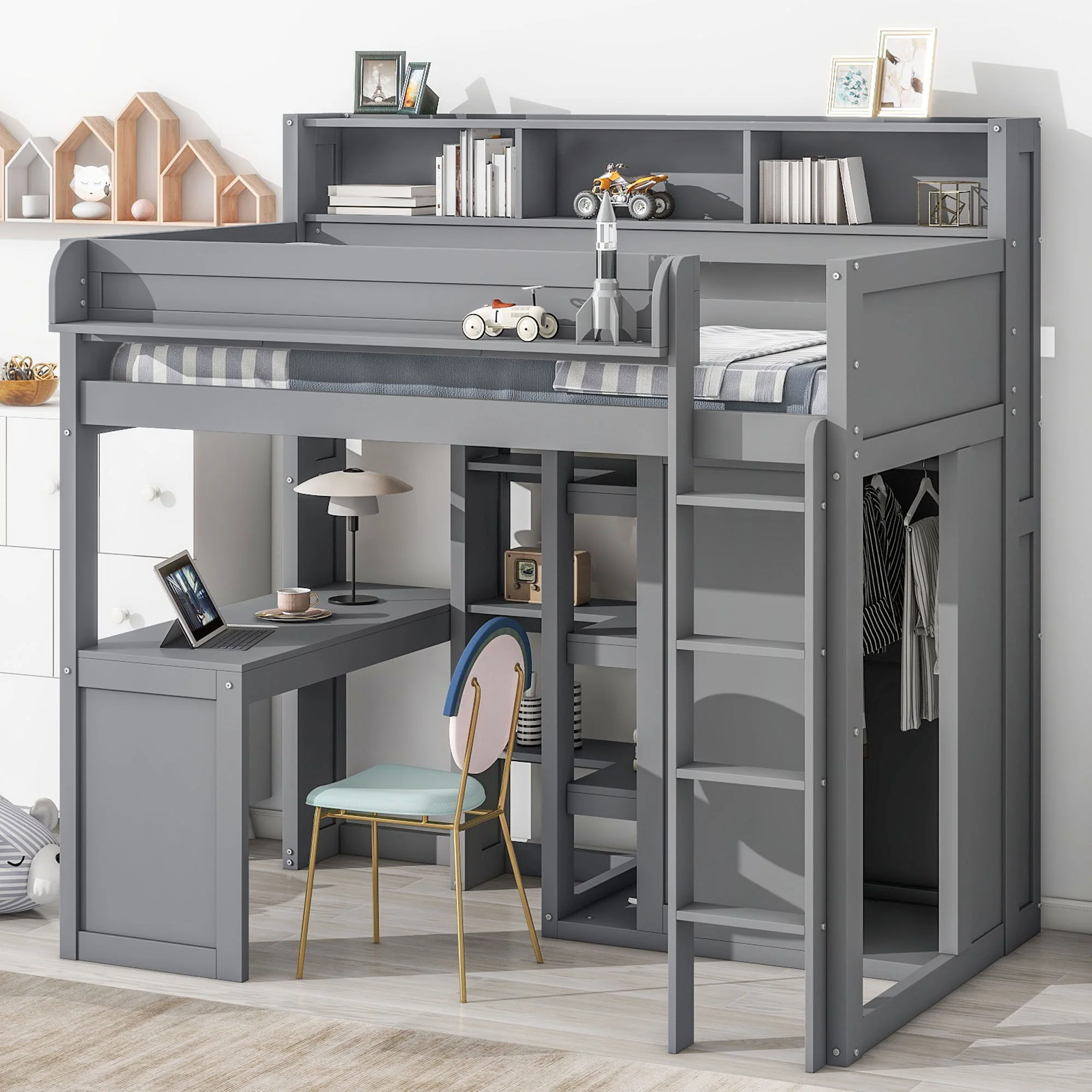 Loft Bed With Built In Desk, Storage Shelves, And Wardrobe - Image 12
