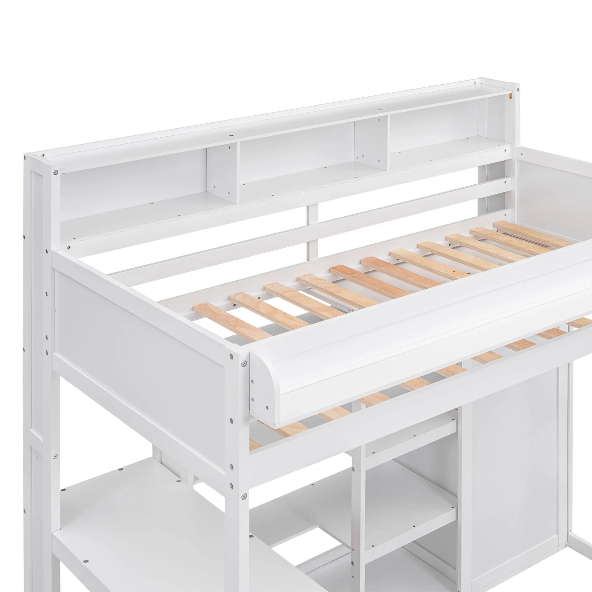 Loft Bed With Built In Desk, Storage Shelves, And Wardrobe - Image 5