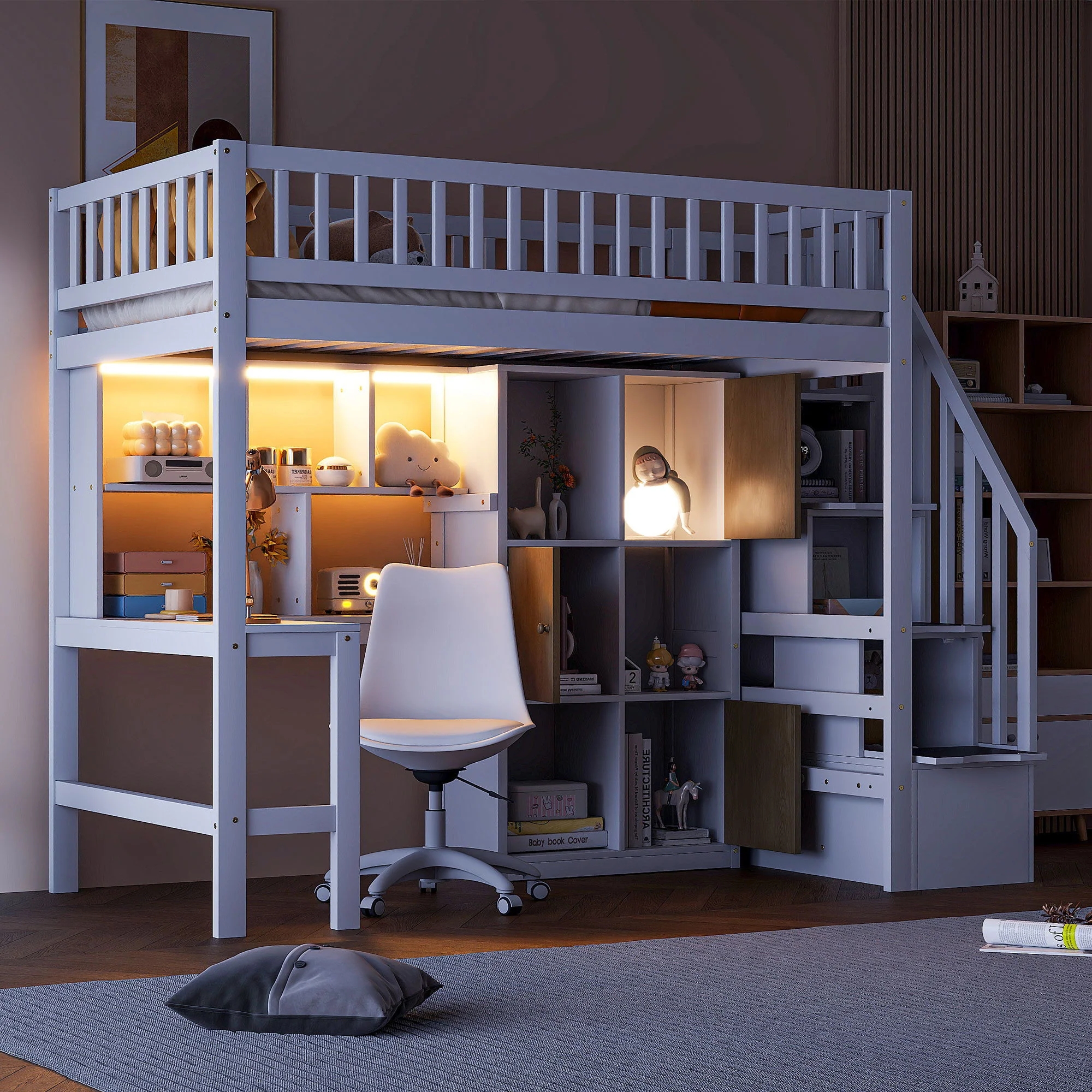 Loft Bed With Built In L Shaped Desk, LED Lights, Storage Shelves, Cabinets, And Staircase - Image 15