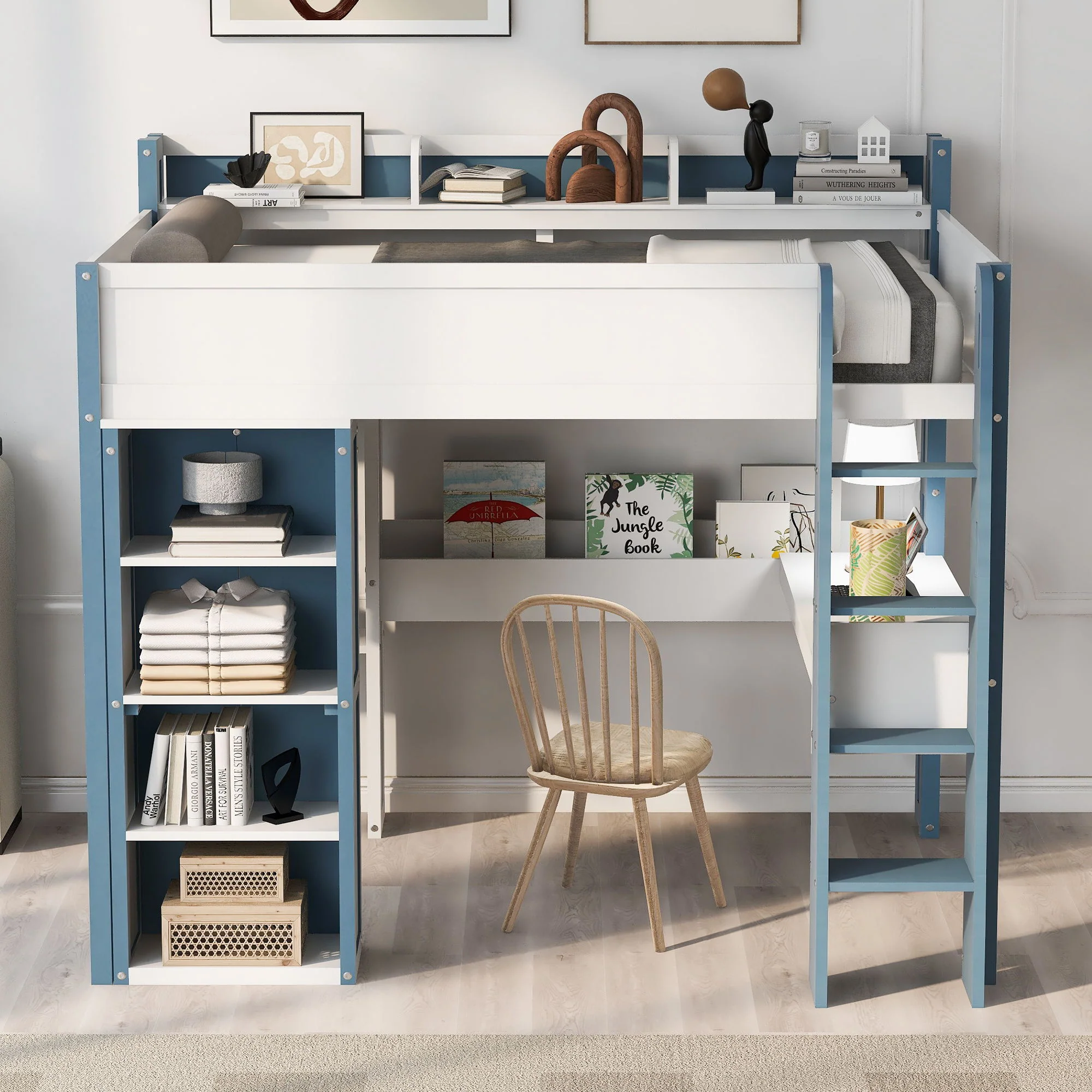 Loft Bed With Built In Storage Shelves, Clothes Rail, And Desk - Image 13