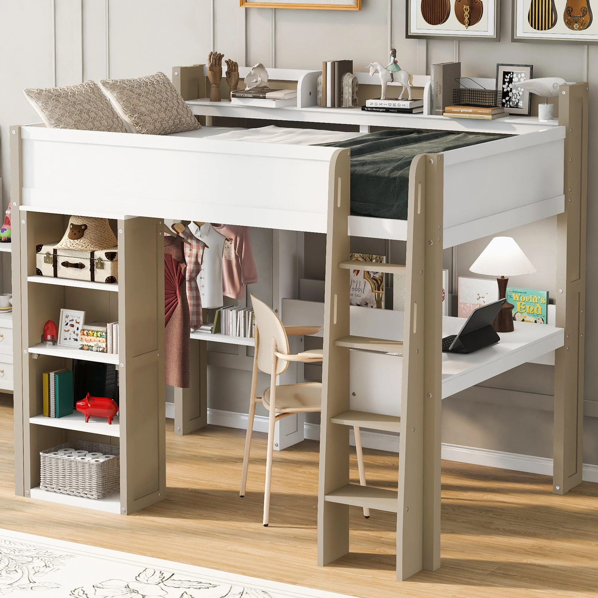 Loft Bed With Built In Storage Shelves, Clothes Rail, And Desk - Image 8