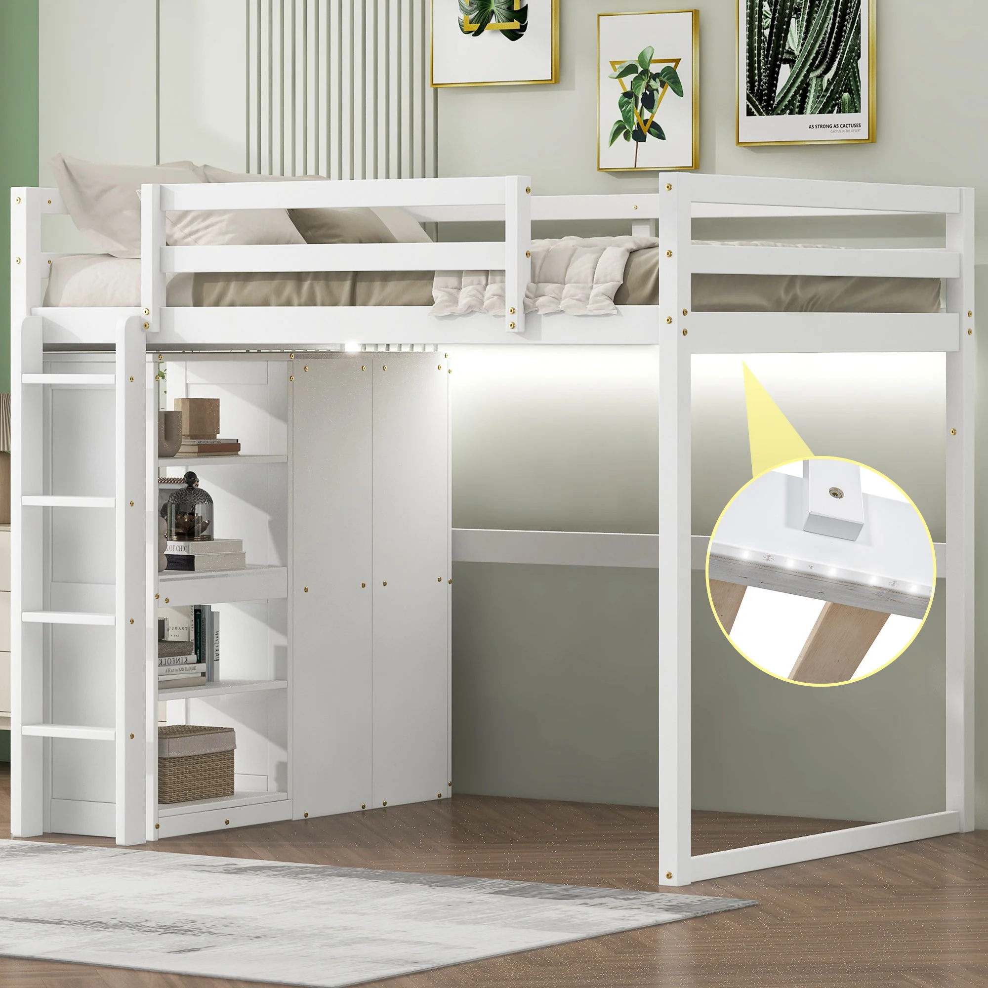 Loft Bed With Built In Wardrobe, Storage Shelves, And LED Light - Image 13