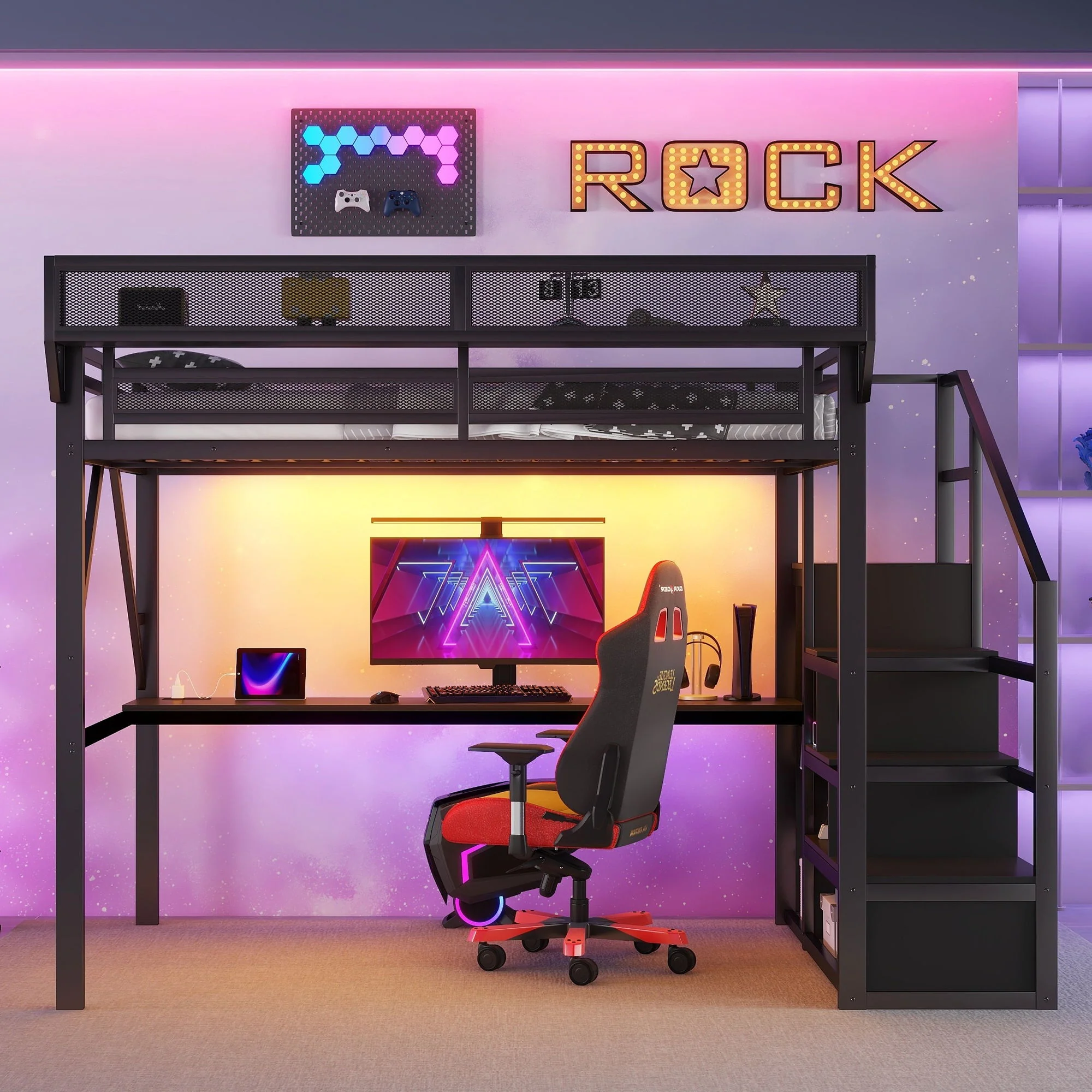 Loft Bed With Desk And Charging Station With Stairs And Light - Image 2