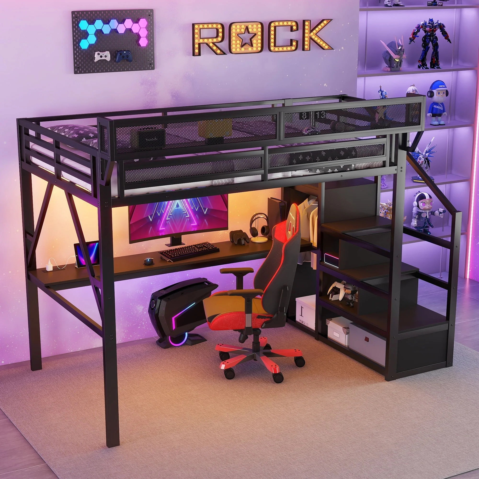 Loft Bed With Desk And Charging Station With Stairs And Light - Image 5