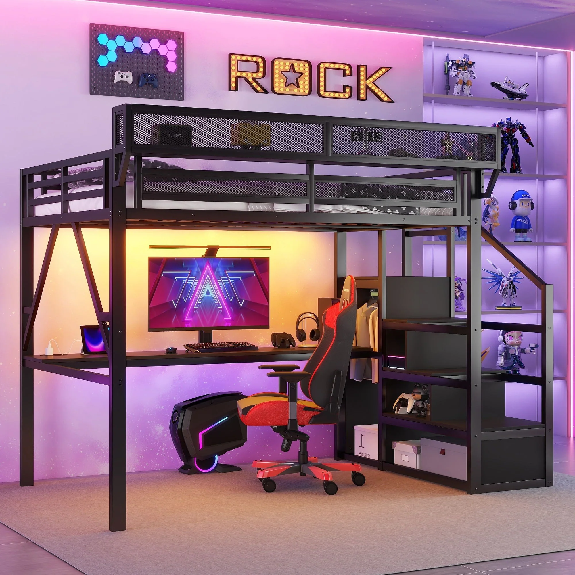 Loft Bed With Desk And Charging Station With Stairs And Light - Image 7