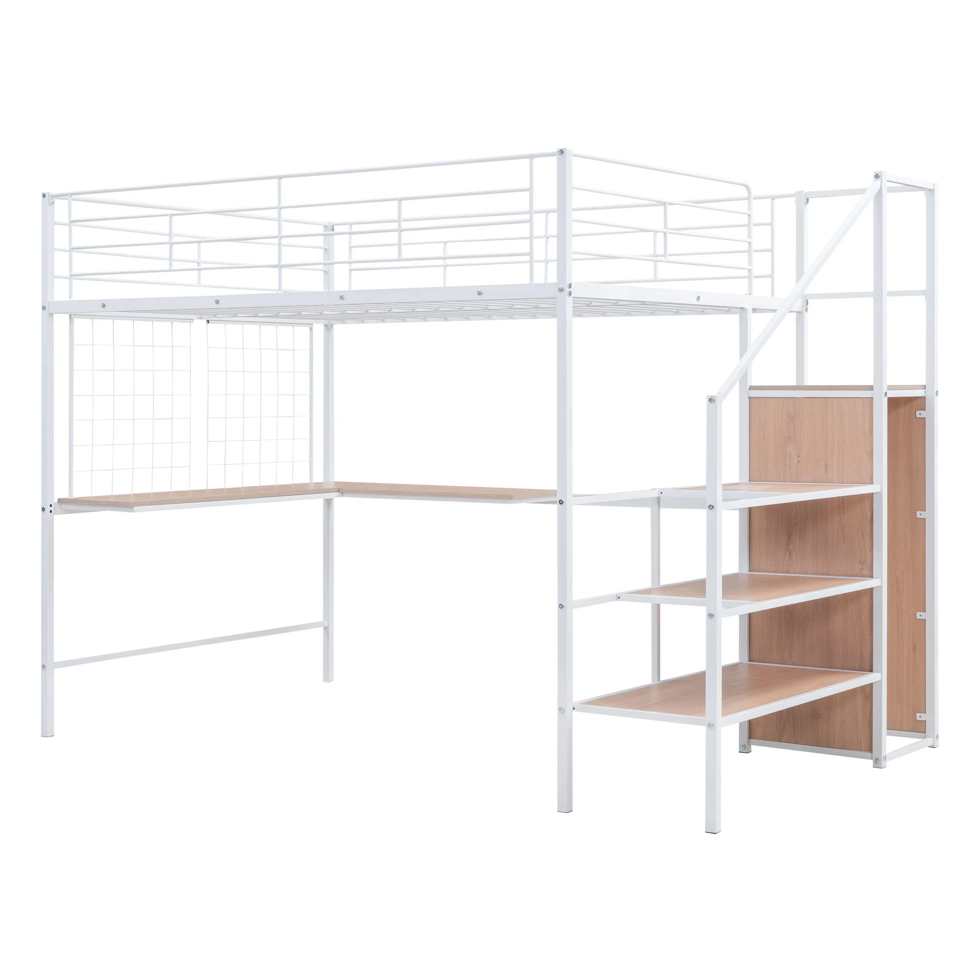 Loft Bed With Desk And Grid, Stylish Frame With Lateral Storage Ladder And Wardrobe - Image 17