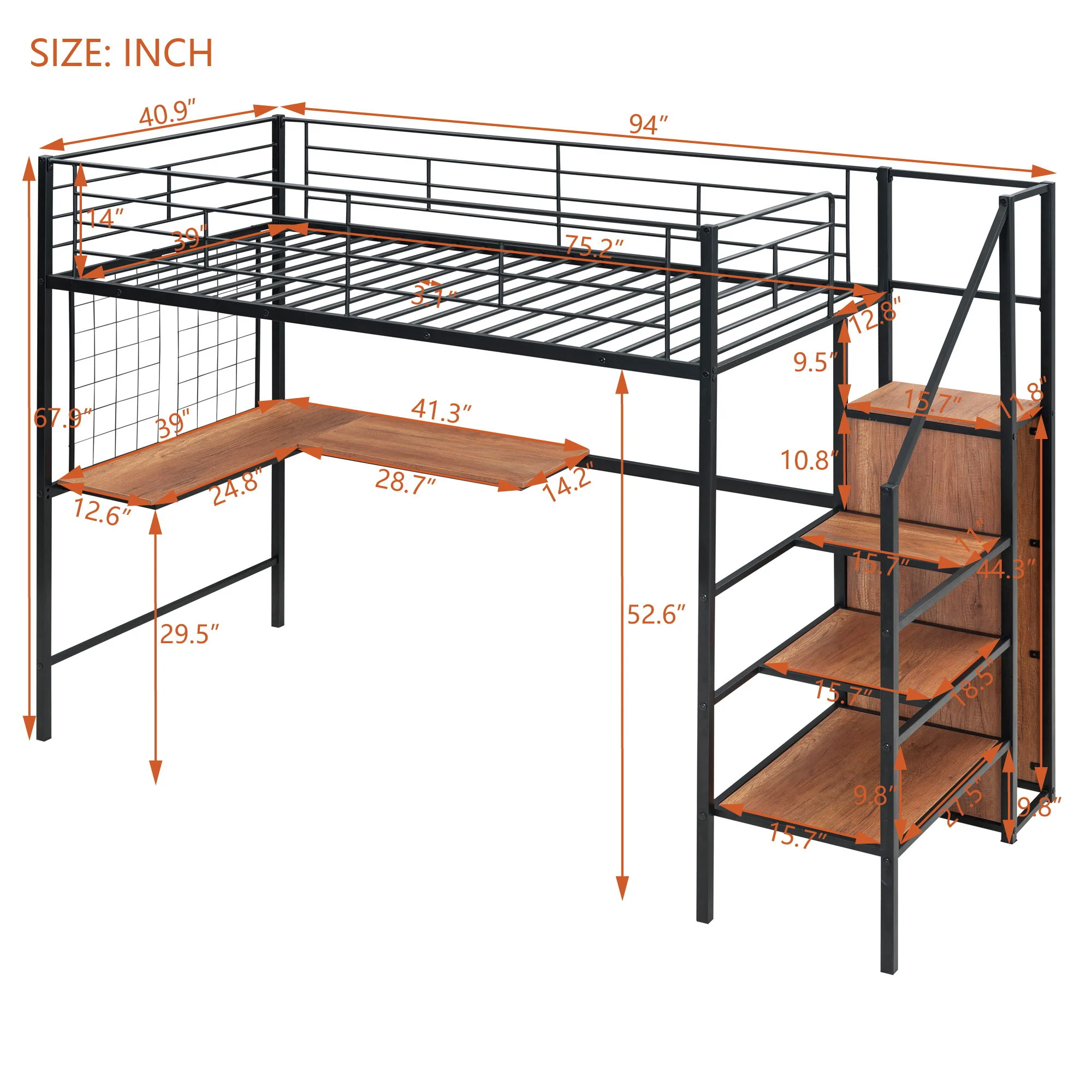 Loft Bed With Desk And Grid, Stylish Frame With Lateral Storage Ladder And Wardrobe - Image 24