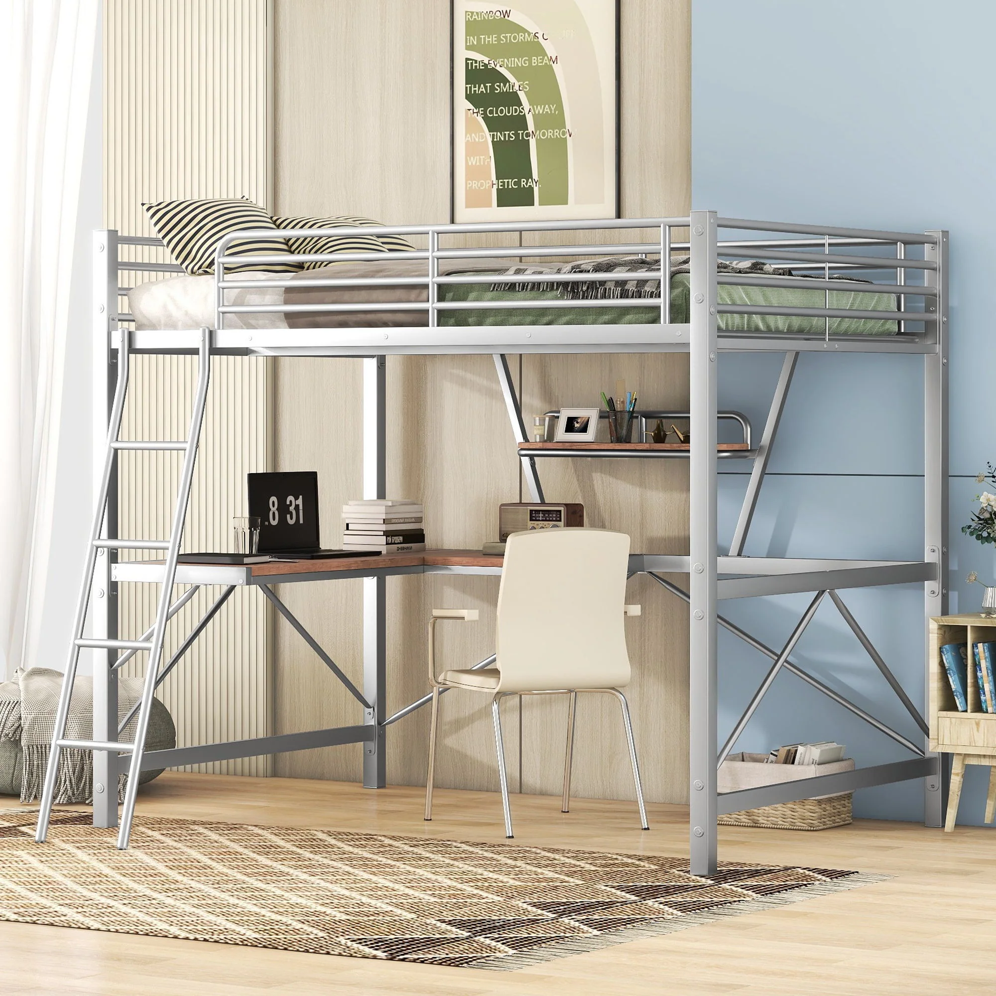 Loft Bed With Desk And Shelf, Modern Design - Image 6