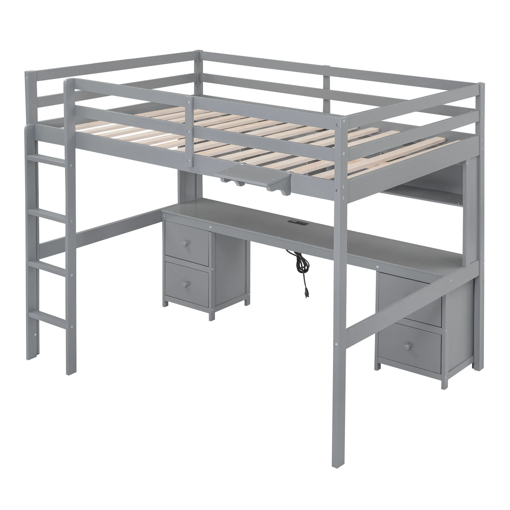 Loft Bed With Desk, Cabinets, Drawers, Charging Station And Bedside Tray - Image 3