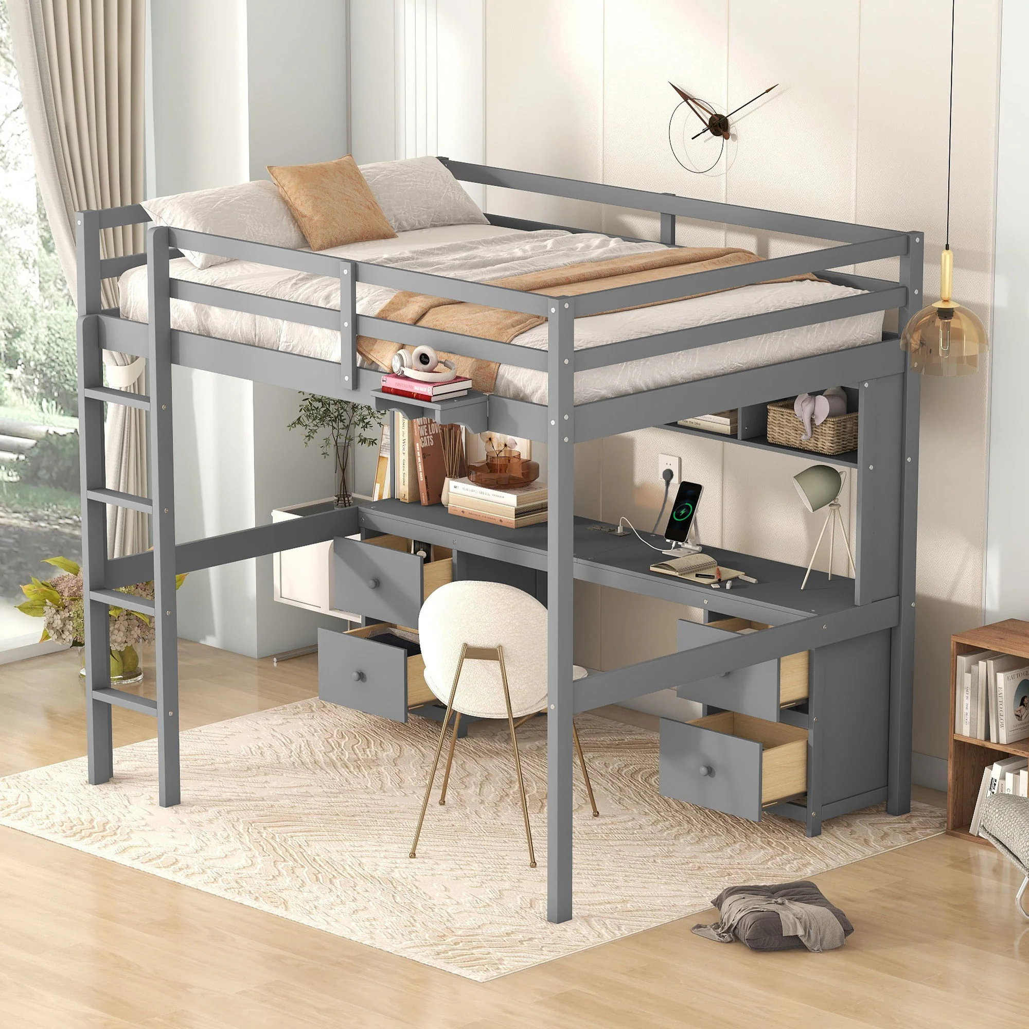 Loft Bed With Desk, Cabinets, Drawers, Charging Station And Bedside Tray - Image 5