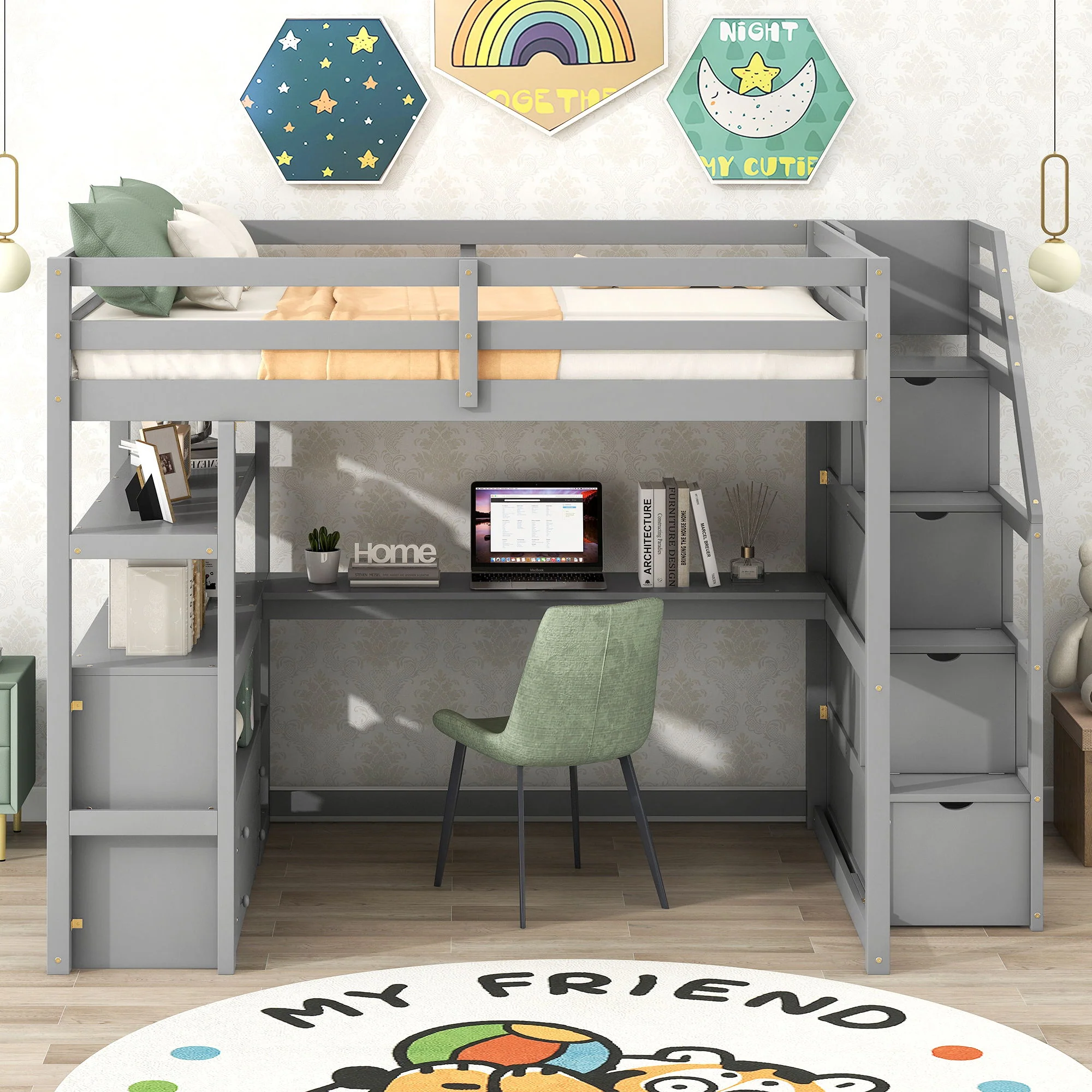 Loft Bed With Desk, Shelves, 2 Drawers, Storage Staircase - Image 27