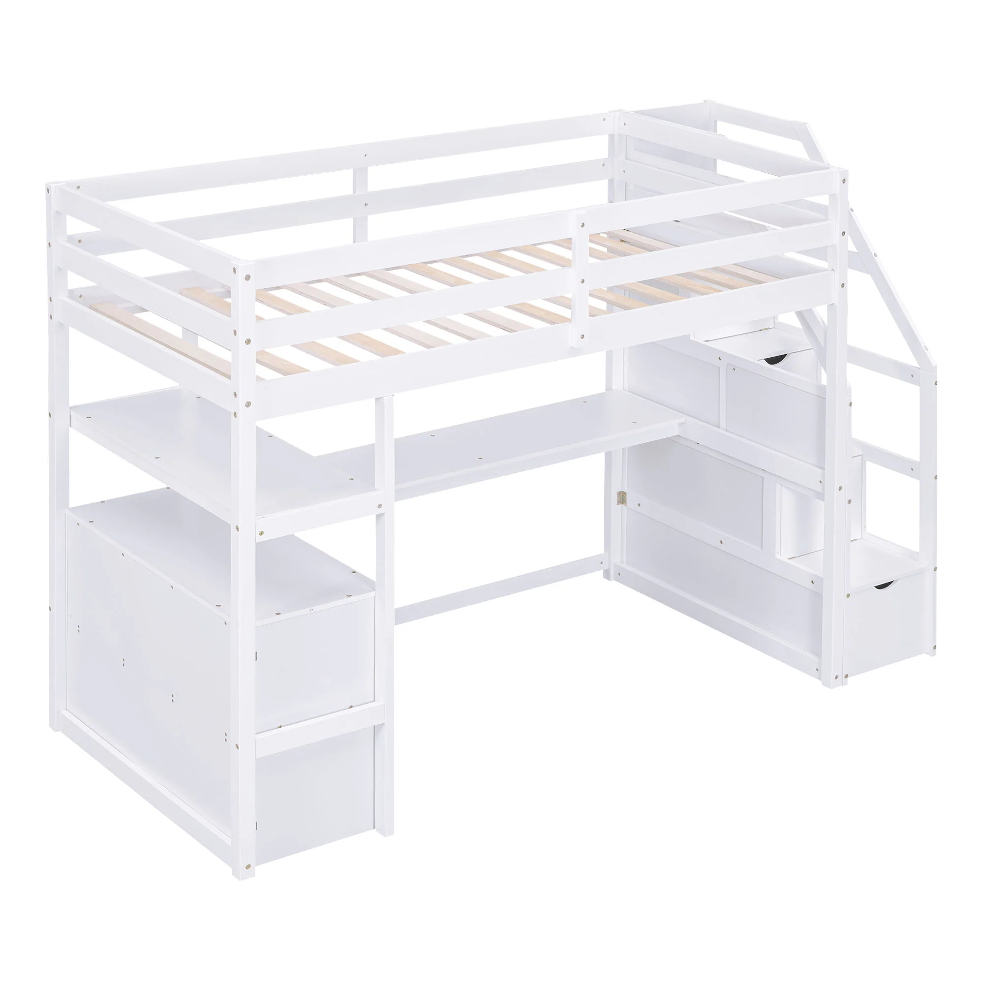 Loft Bed With Desk, Shelves, 2 Drawers, Storage Staircase - Image 36