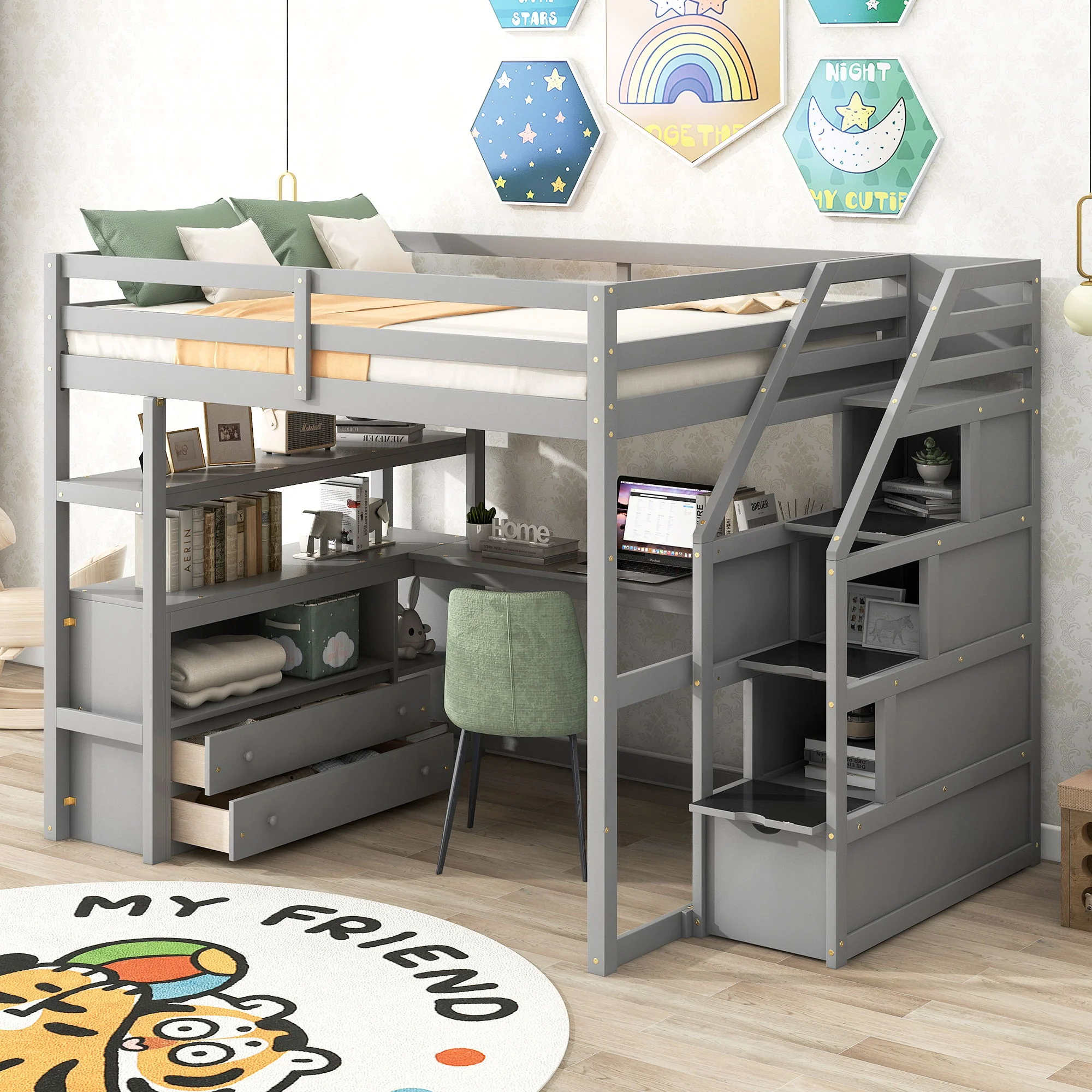Loft Bed With Desk, Shelves, 2 Drawers, Storage Staircase - Image 8