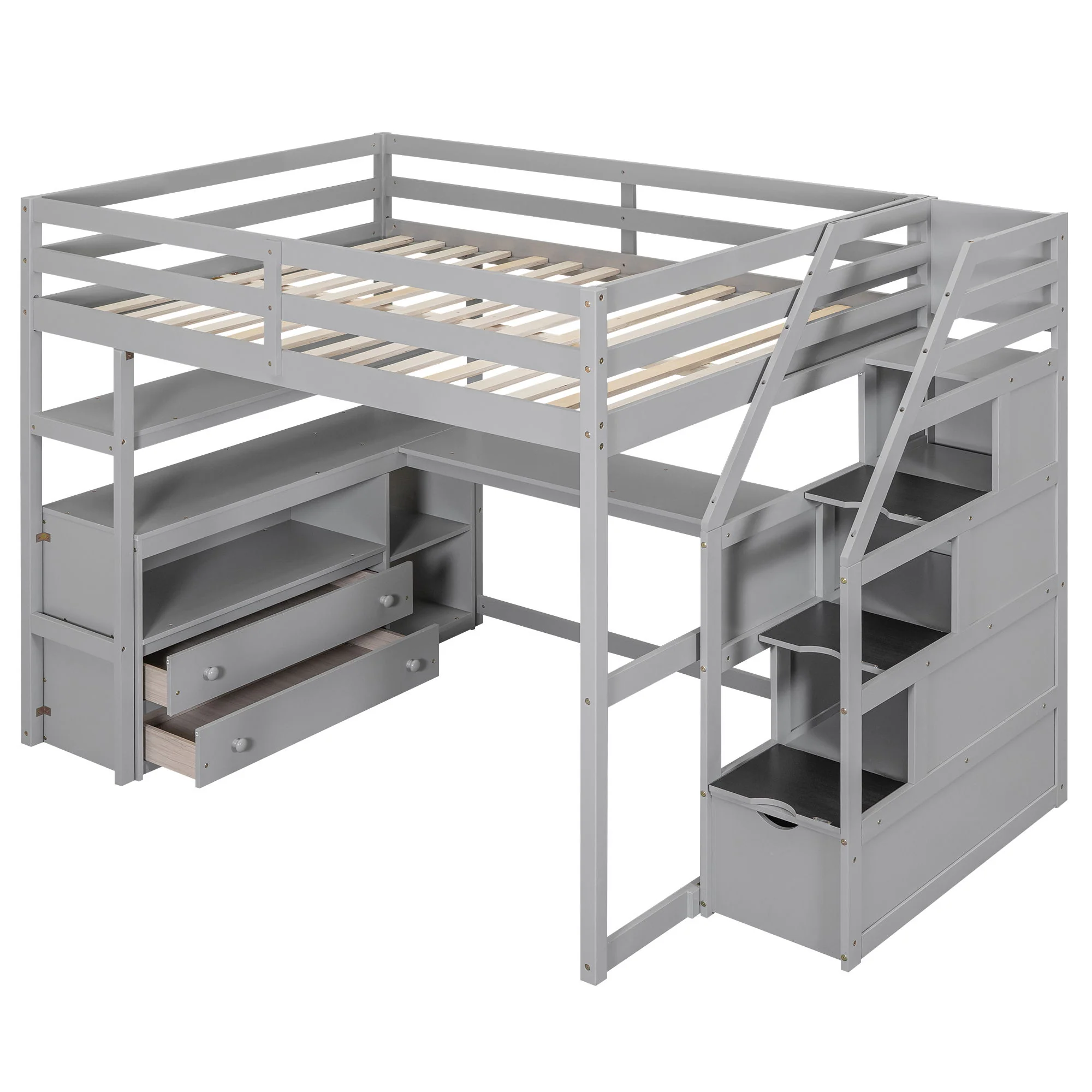 Loft Bed With Desk, Shelves, 2 Drawers, Storage Staircase - Image 9