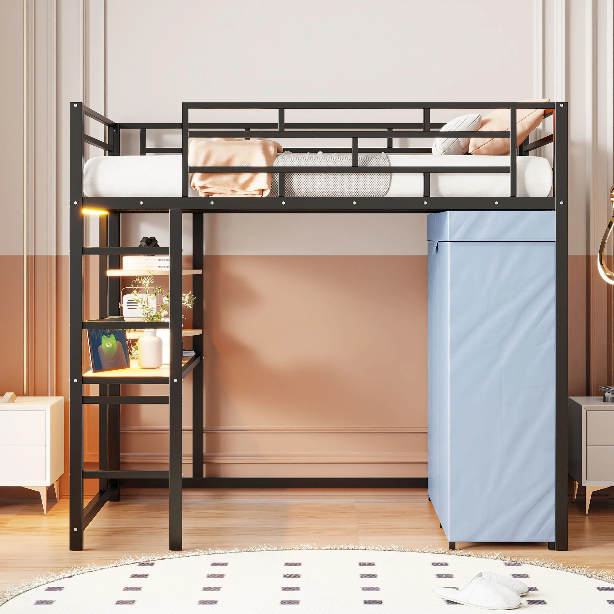 Loft Bed With Desk, Shelves, Power Outlet, LED Light And Wardrobe - Image 11