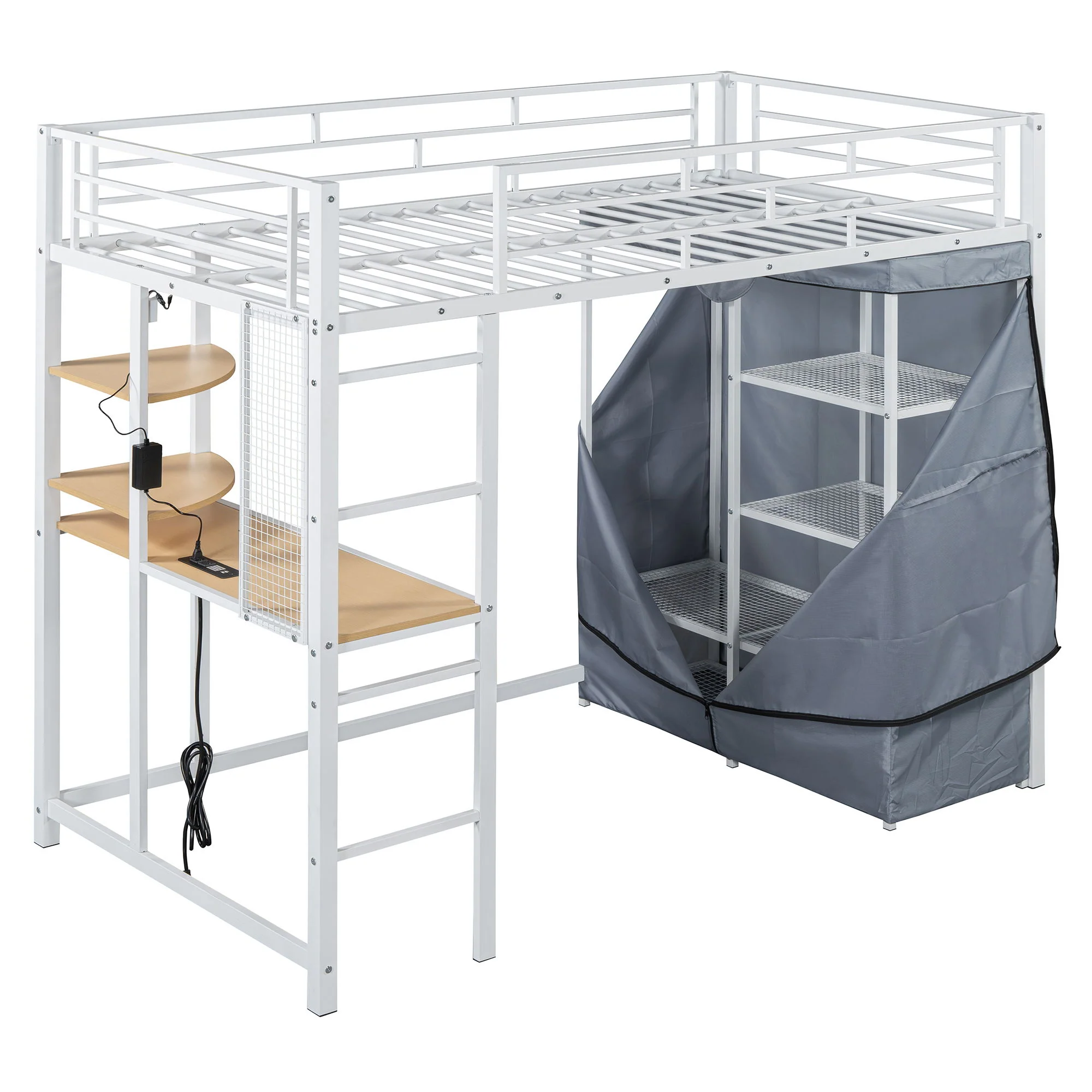 Loft Bed With Desk, Shelves, Power Outlet, LED Light And Wardrobe - Image 13