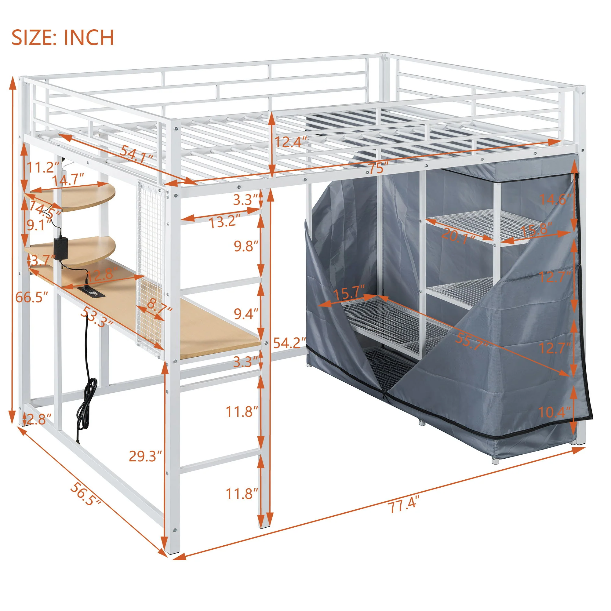 Loft Bed With Desk, Shelves, Power Outlet, LED Light And Wardrobe - Image 19