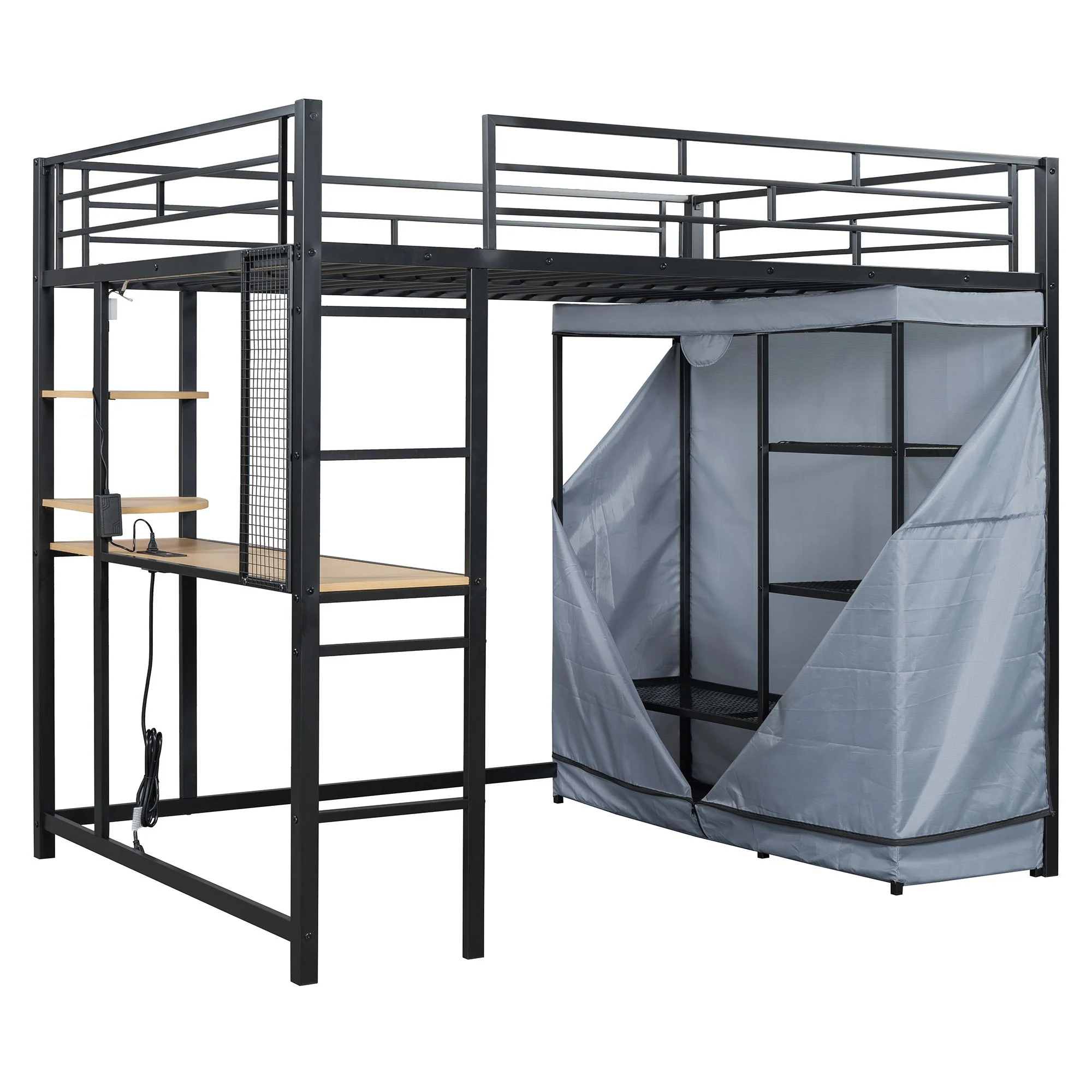 Loft Bed With Desk, Shelves, Power Outlet, LED Light And Wardrobe - Image 20