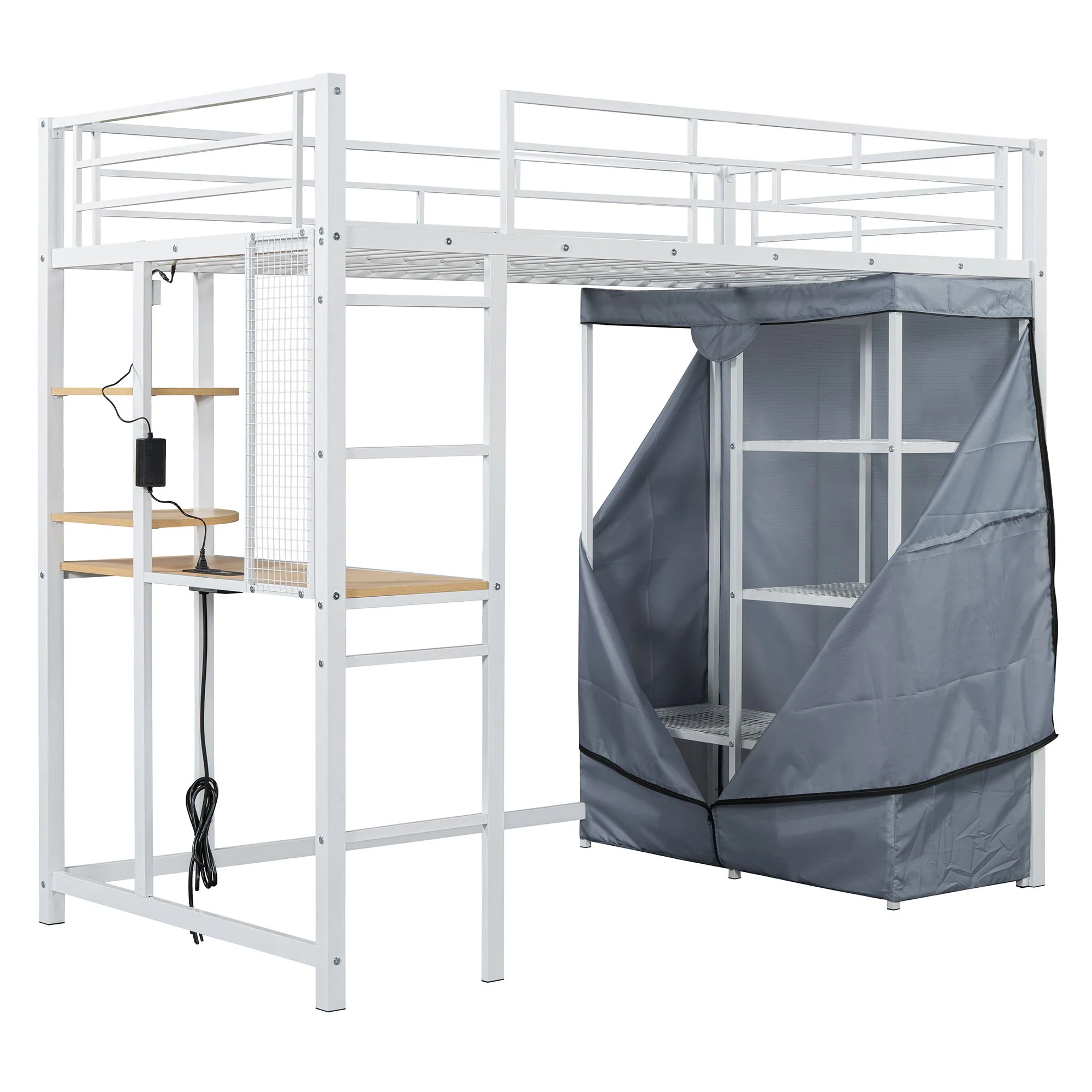 Loft Bed With Desk, Shelves, Power Outlet, LED Light And Wardrobe - Image 24