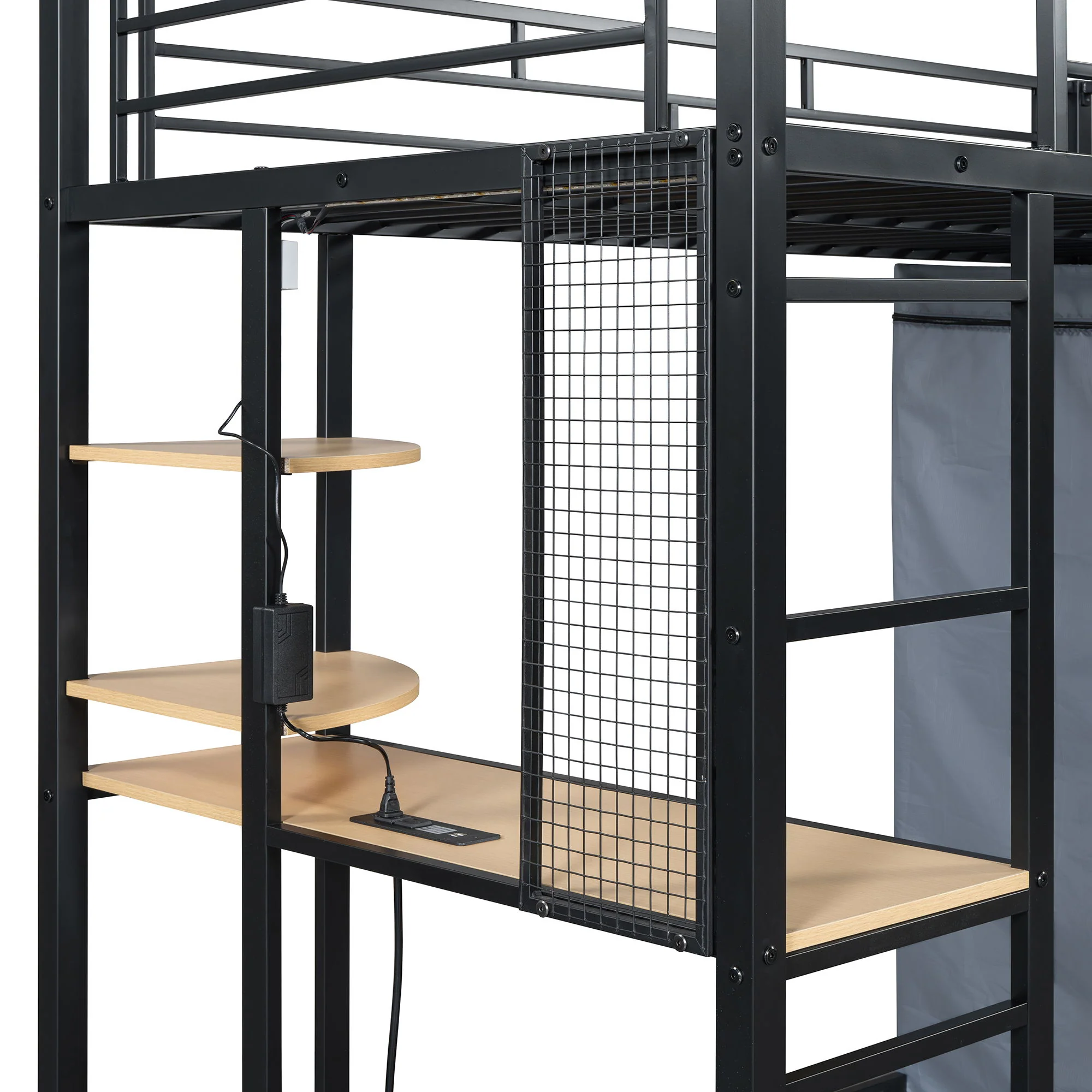 Loft Bed With Desk, Shelves, Power Outlet, LED Light And Wardrobe - Image 31