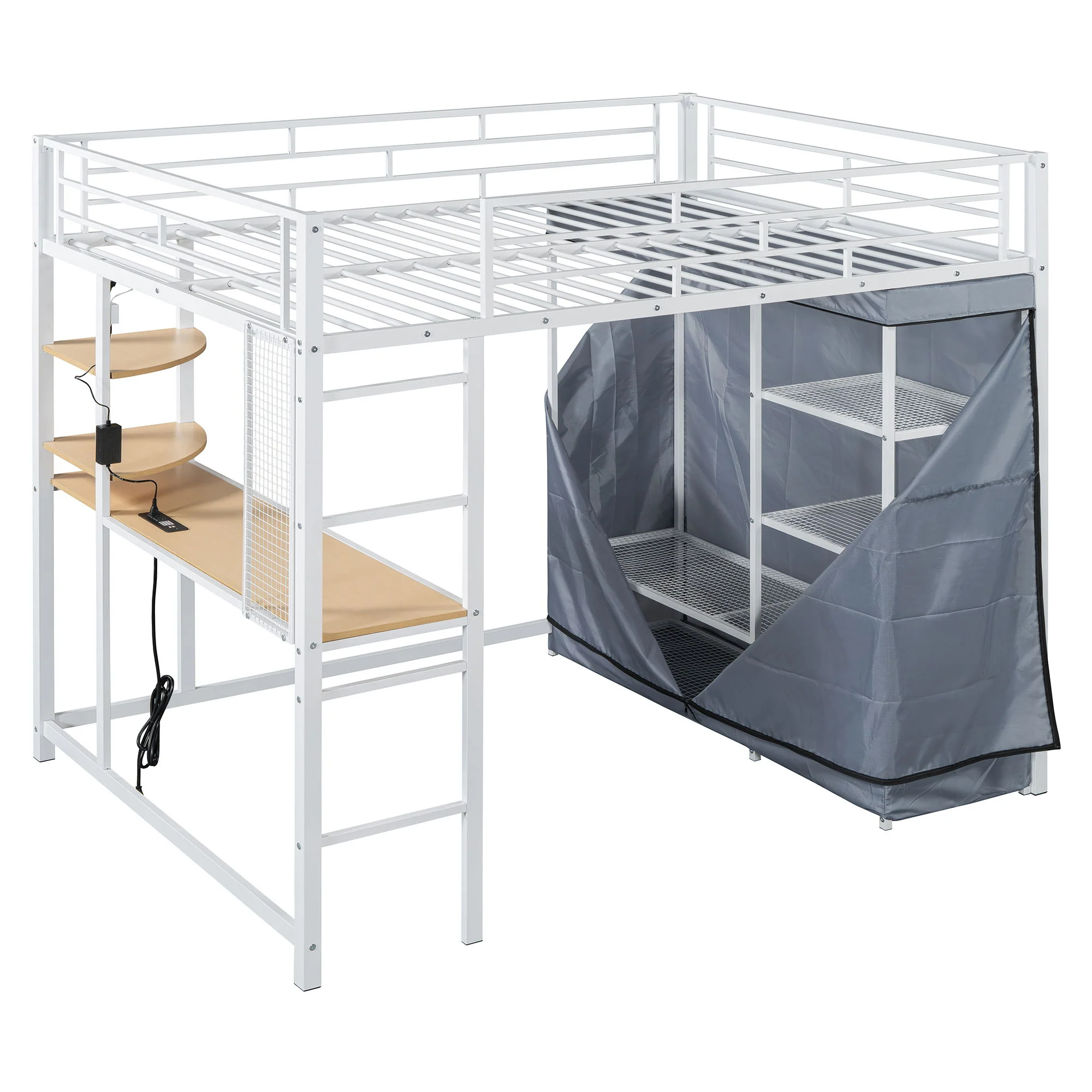 Loft Bed With Desk, Shelves, Power Outlet, LED Light And Wardrobe - Image 8