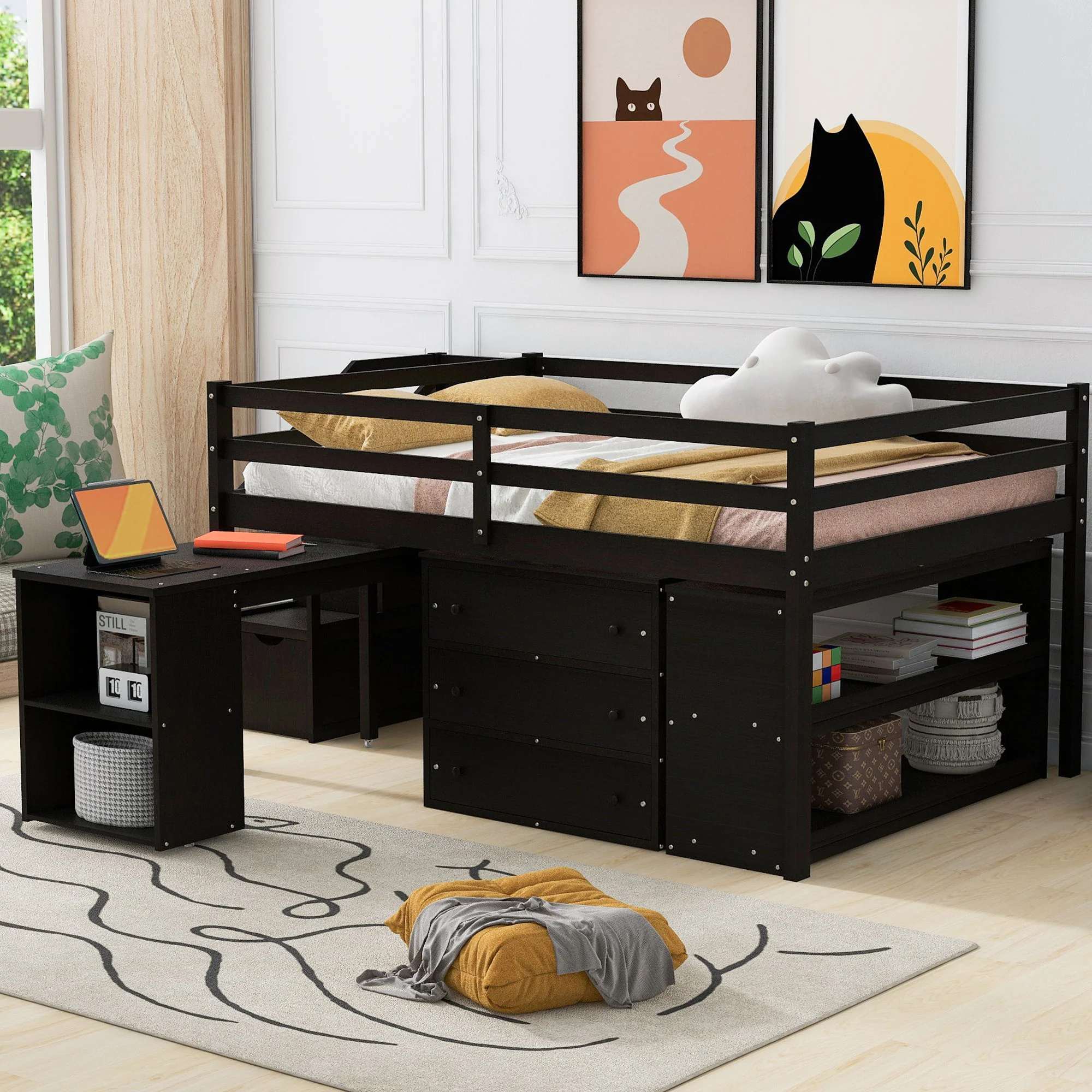 Loft Bed With Retractable Writing Desk And 3 Drawers With Storage Stairs And Shelves - Image 8