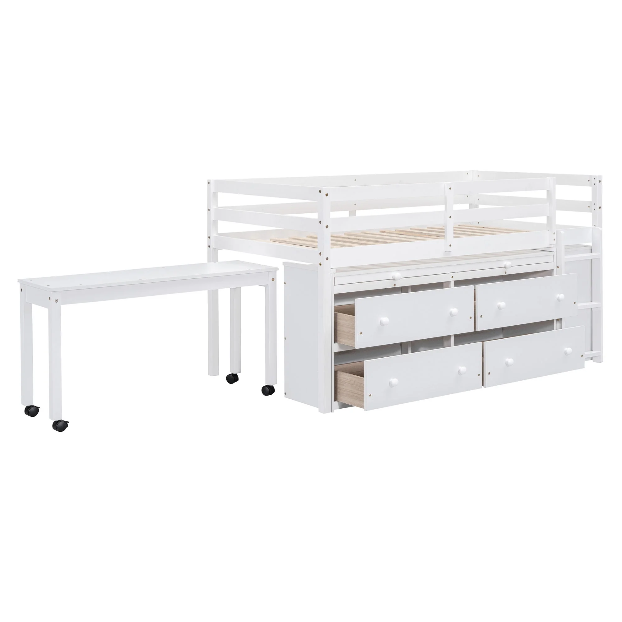 Loft Bed With Retractable Writing Desk And 4 Drawers, With Lateral Portable Desk And Shelves - Image 18