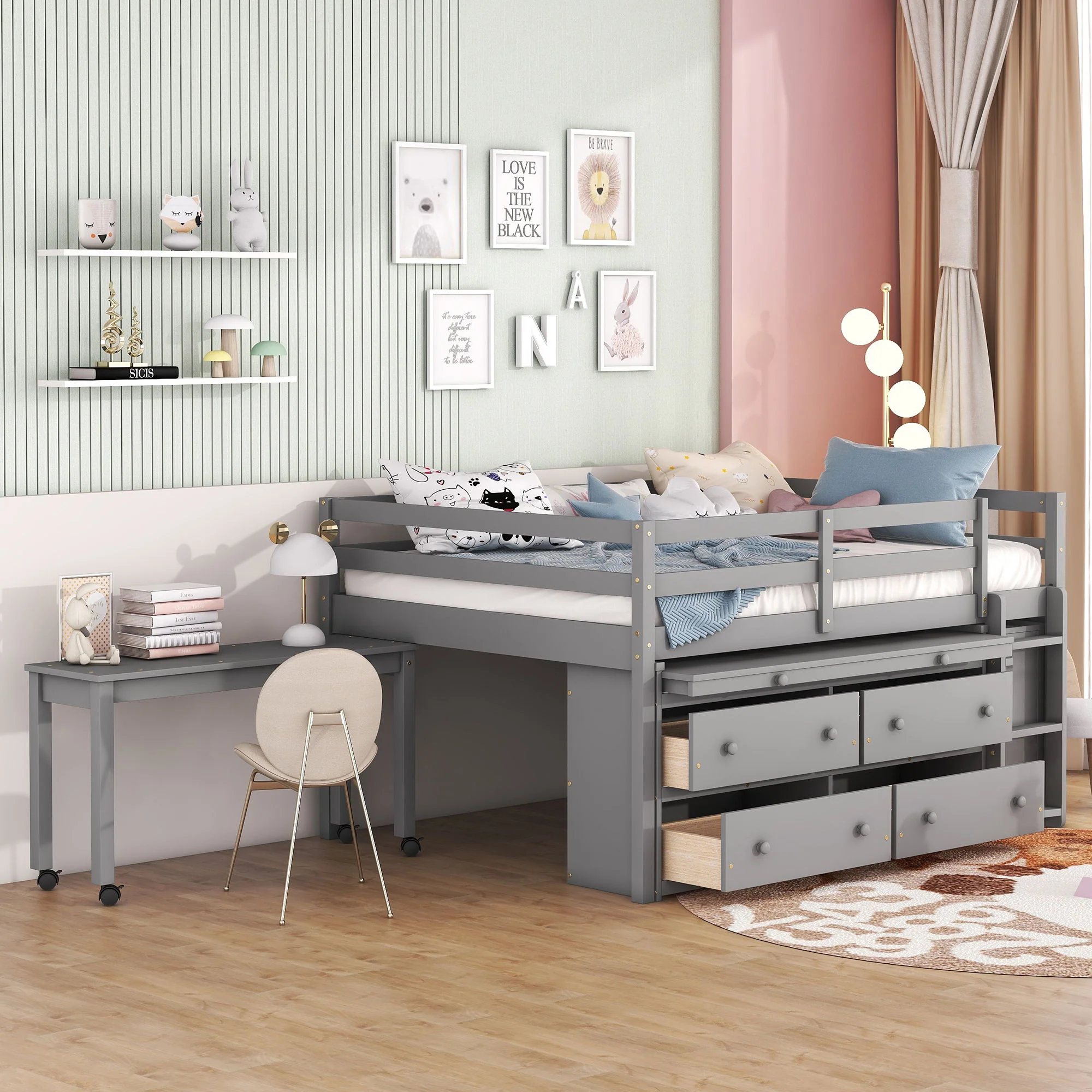 Loft Bed With Retractable Writing Desk And 4 Drawers, With Lateral Portable Desk And Shelves - Image 3