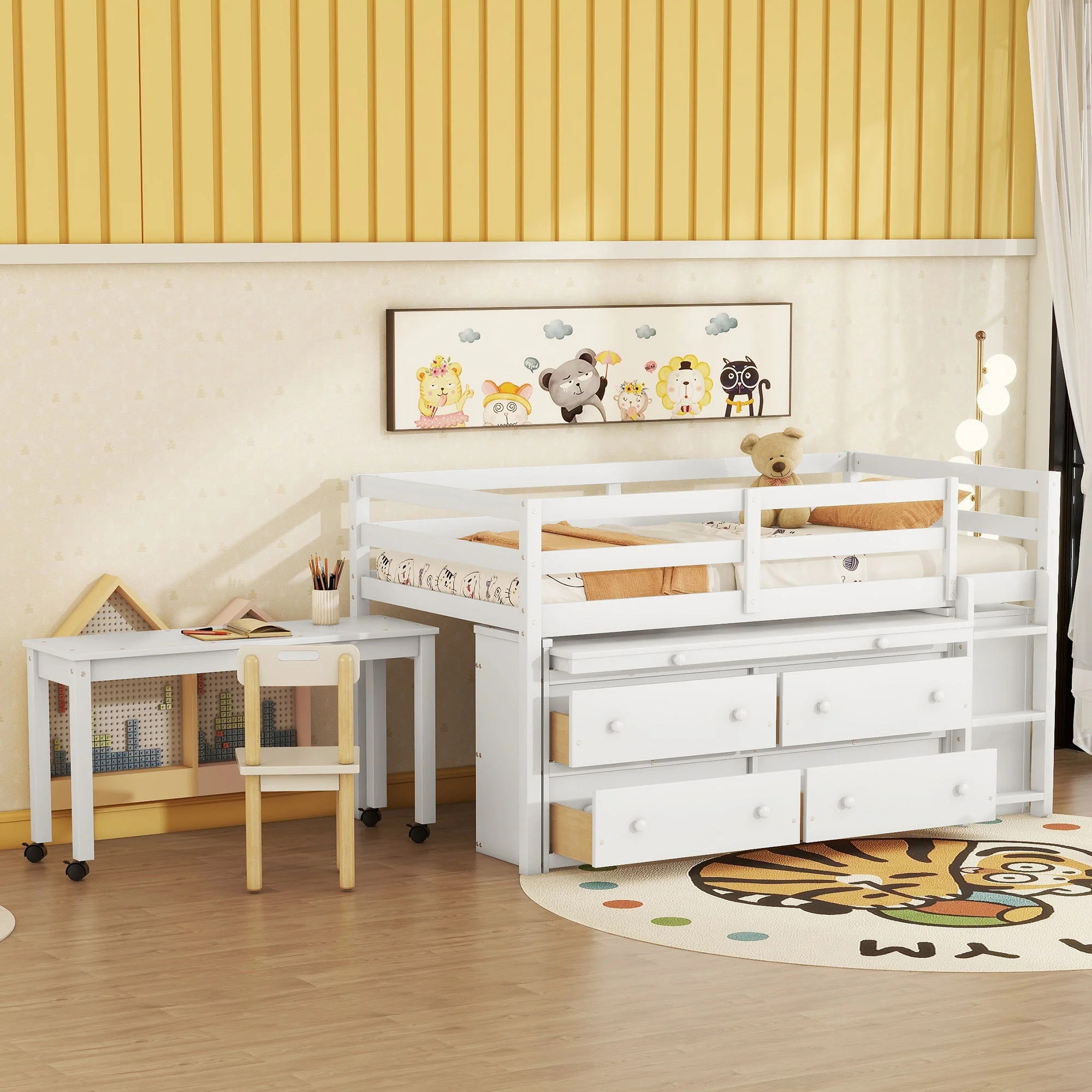 Loft Bed With Retractable Writing Desk And 4 Drawers, With Lateral Portable Desk And Shelves - Image 4