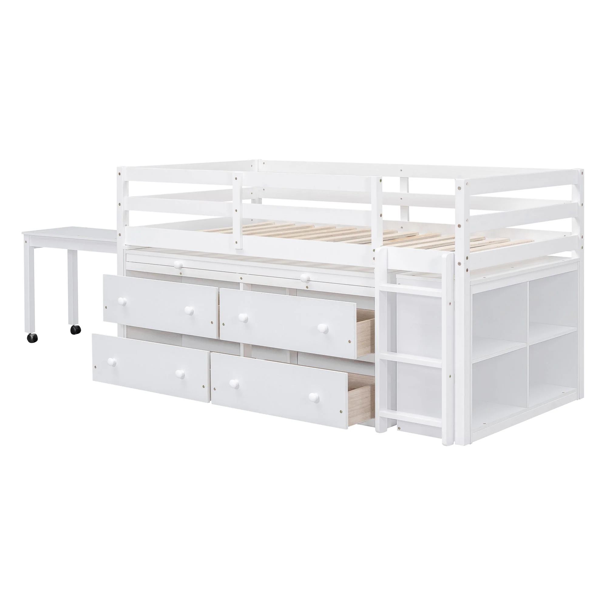 Loft Bed With Retractable Writing Desk And 4 Drawers, With Lateral Portable Desk And Shelves - Image 7