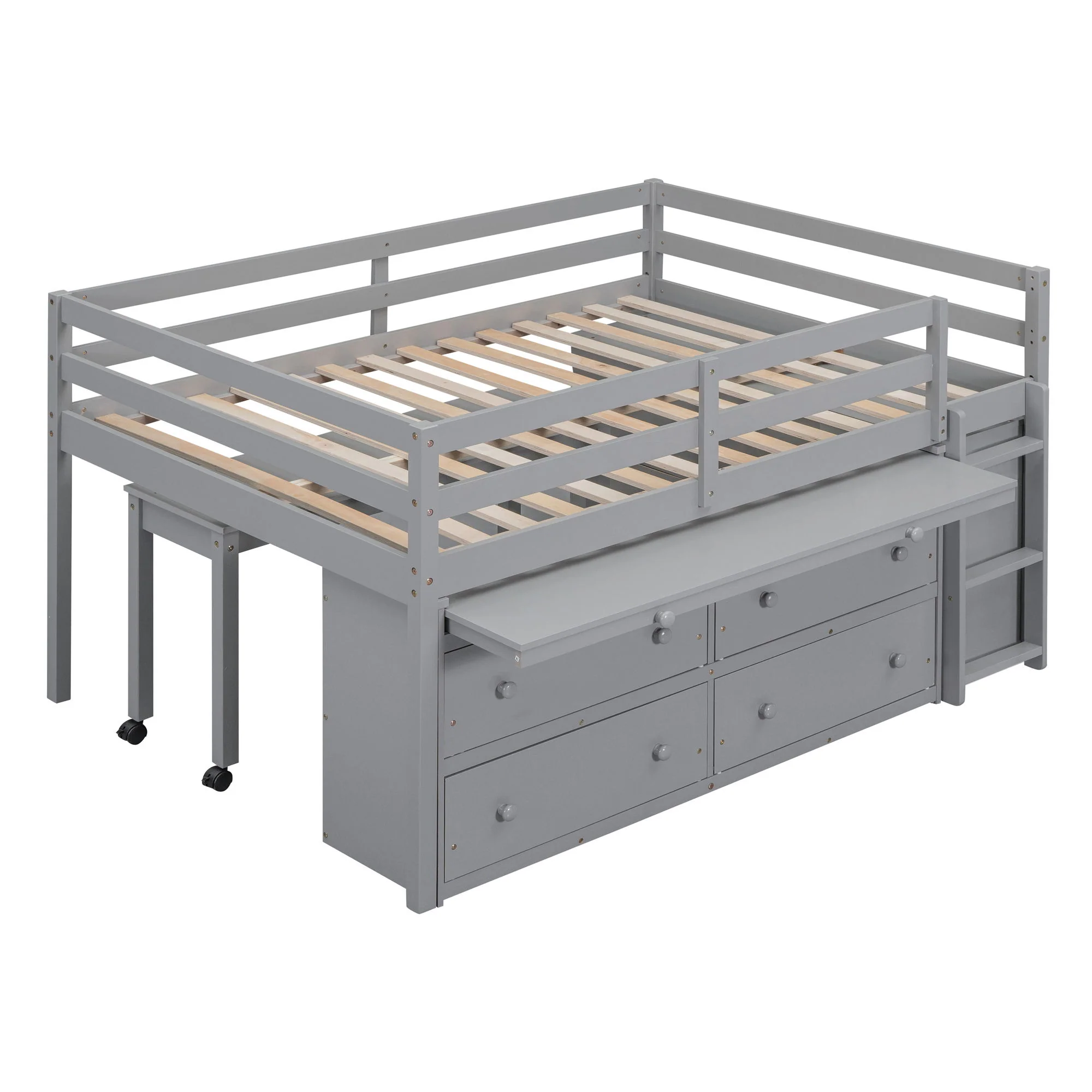 Loft Bed With Retractable Writing Desk And 4 Drawers, With Lateral Portable Desk And Shelves - Image 9