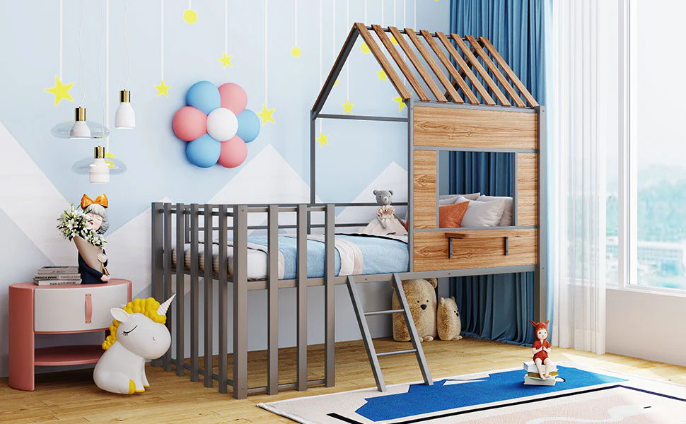 Loft Bed With Roof, Window, Guardrail, Ladder - Image 14