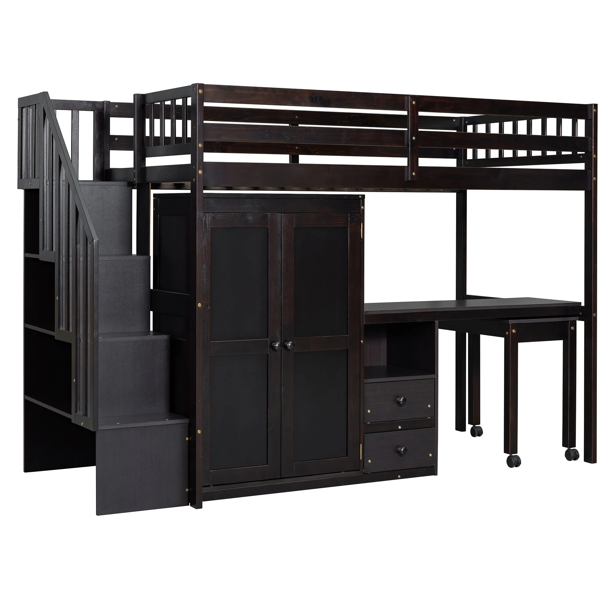Loft Bed With Stairs, Bookshelf, Drawers, Desk & Wardrobe, Space Saving Multifunctional Furniture - Image 16