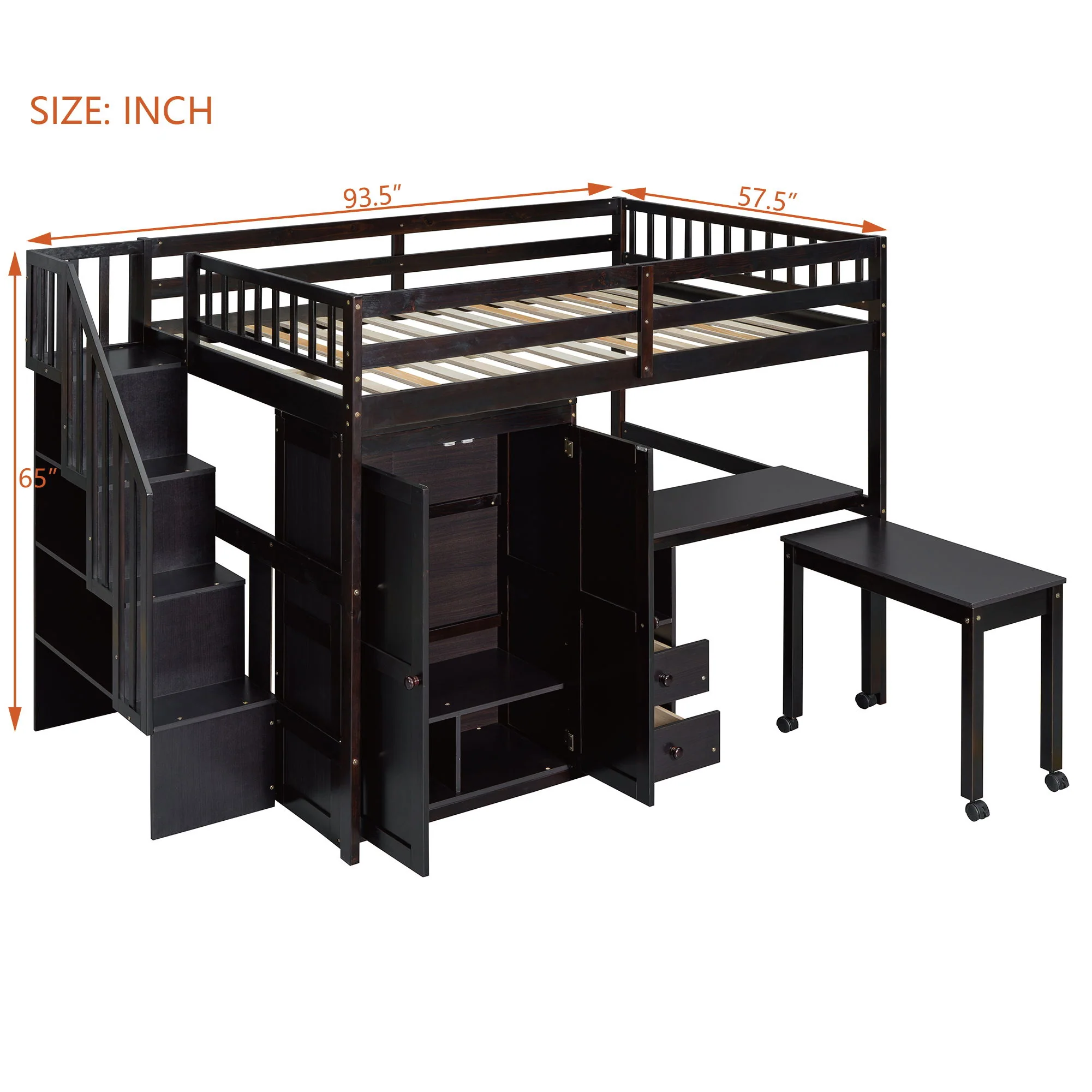 Loft Bed With Stairs, Bookshelf, Drawers, Desk & Wardrobe, Space Saving Multifunctional Furniture - Image 35