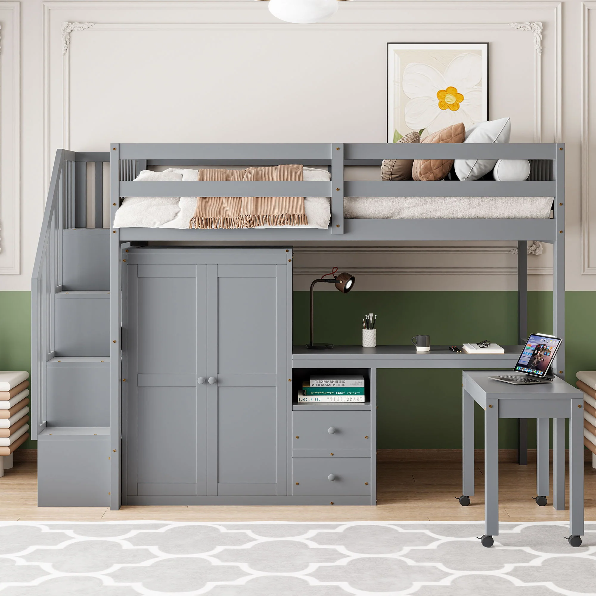Loft Bed With Stairs, Bookshelf, Drawers, Desk & Wardrobe, Space Saving Multifunctional Furniture - Image 38