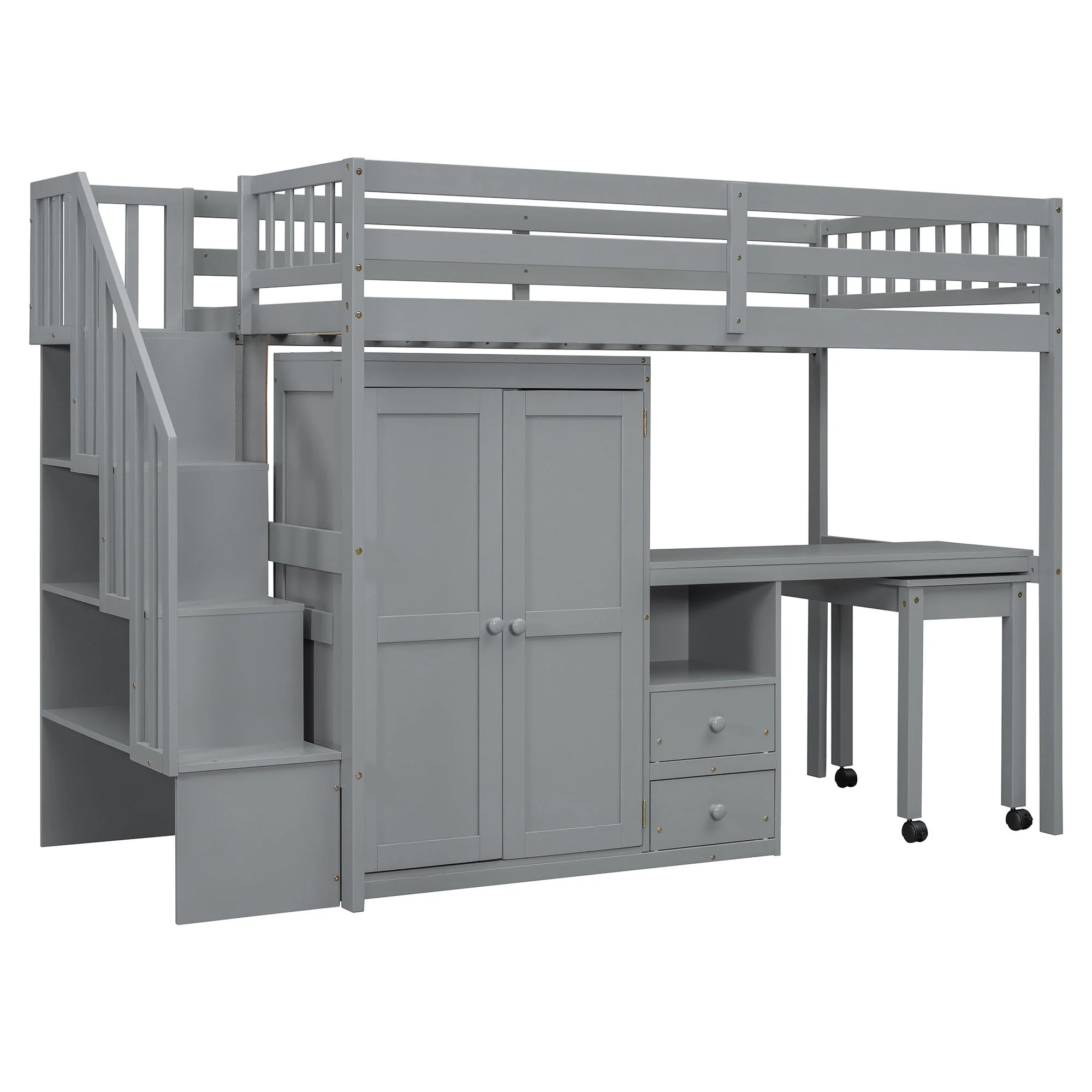 Loft Bed With Stairs, Bookshelf, Drawers, Desk & Wardrobe, Space Saving Multifunctional Furniture - Image 44