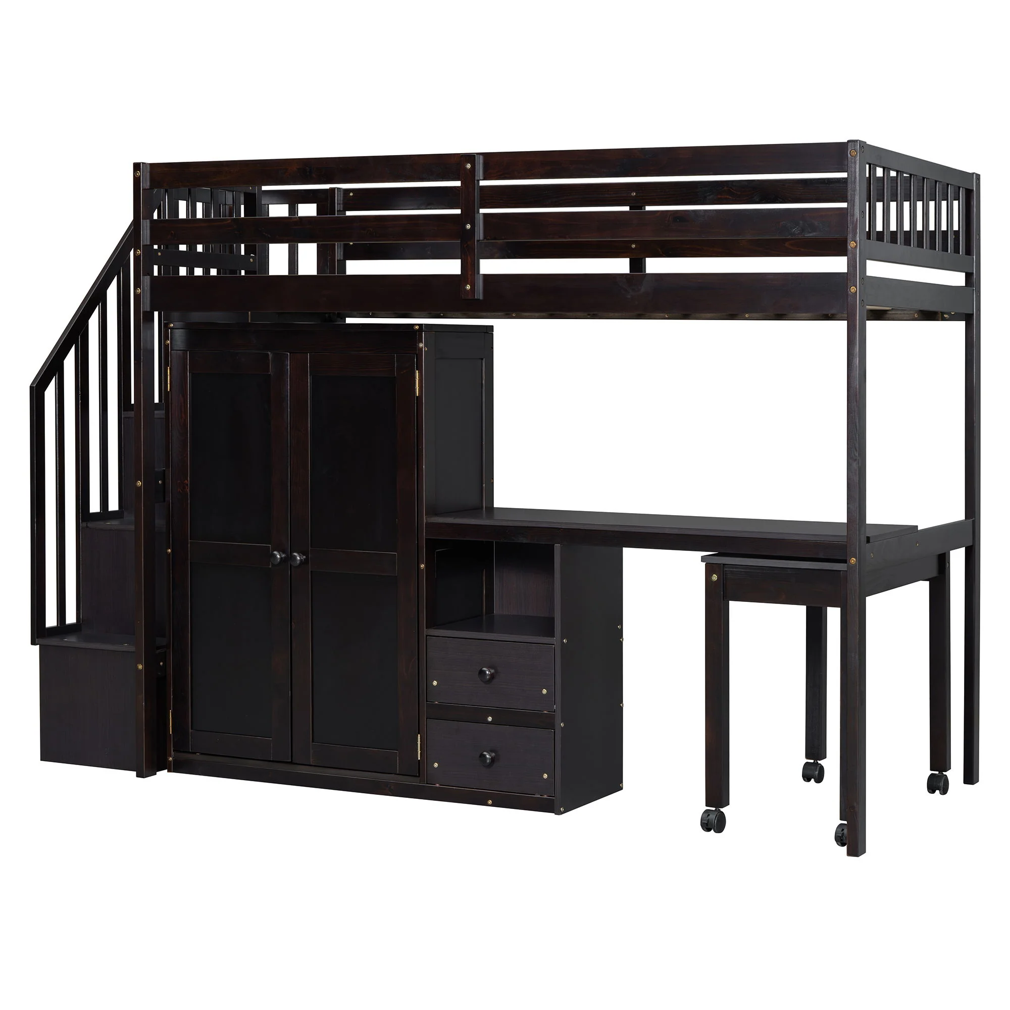 Loft Bed With Stairs, Bookshelf, Drawers, Desk & Wardrobe, Space Saving Multifunctional Furniture - Image 8