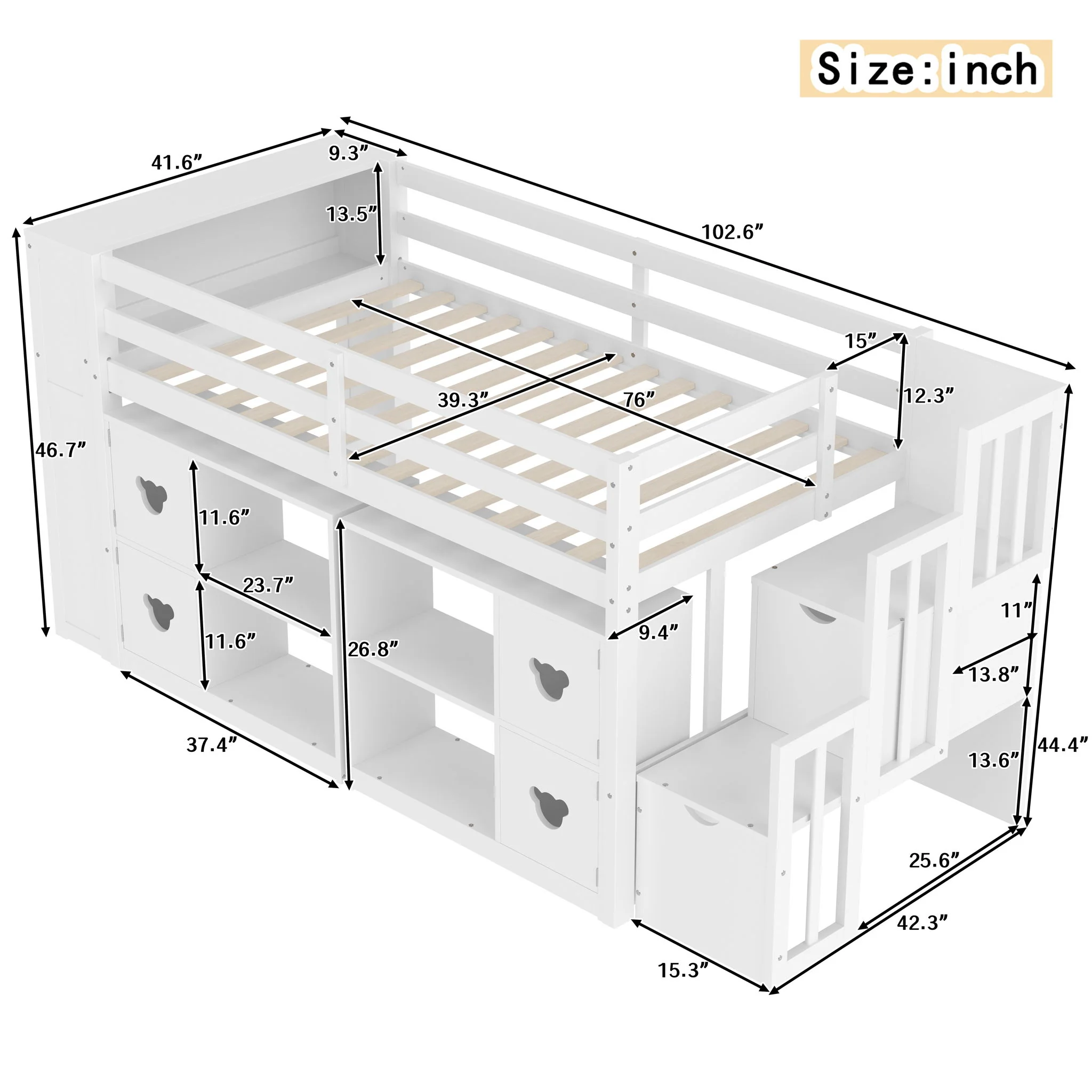 Loft Bed With Storage Cabinets, Staircase Drawers & LED Lights - Image 11