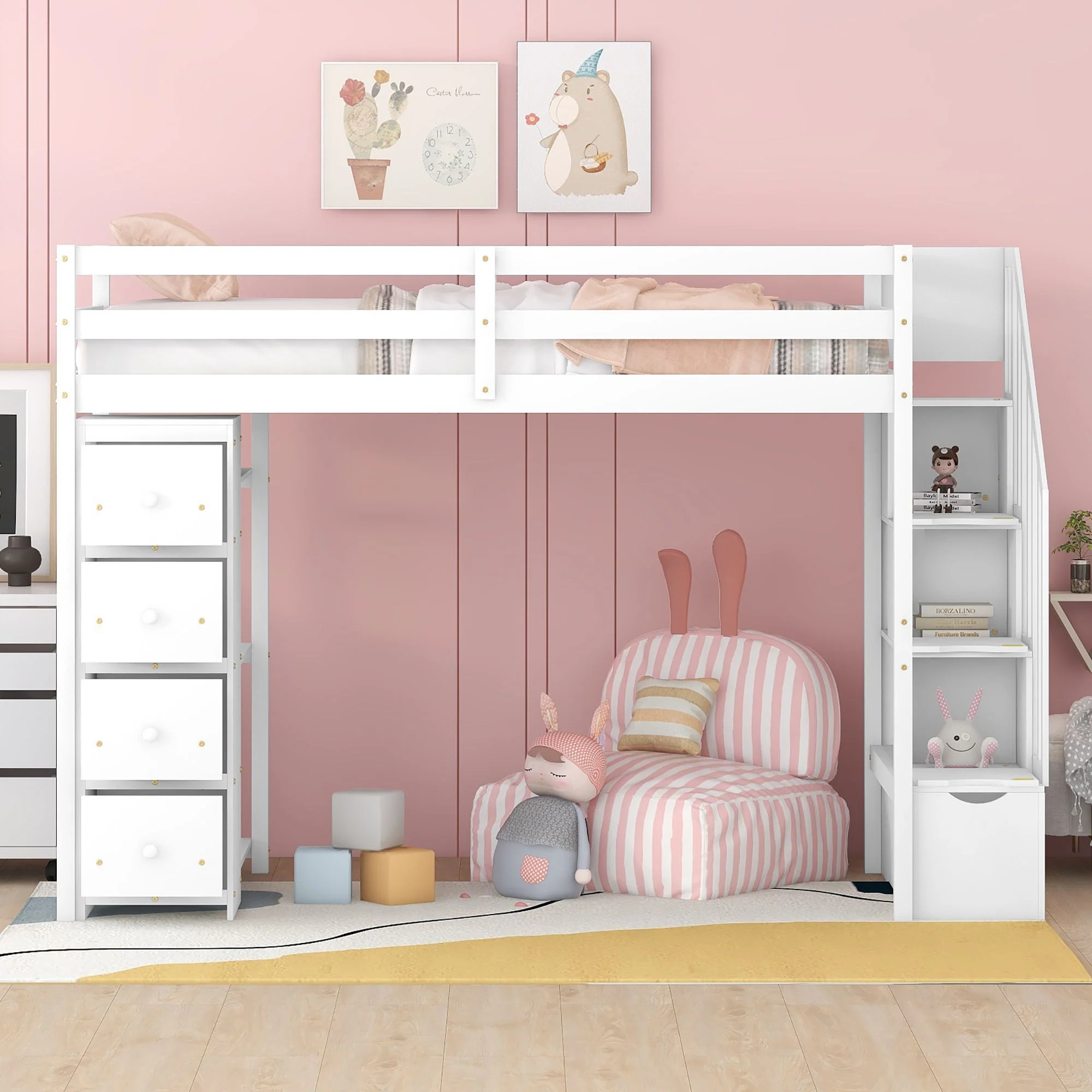 Loft Bed With Storage Drawers And Stairs With Shelves - Image 22