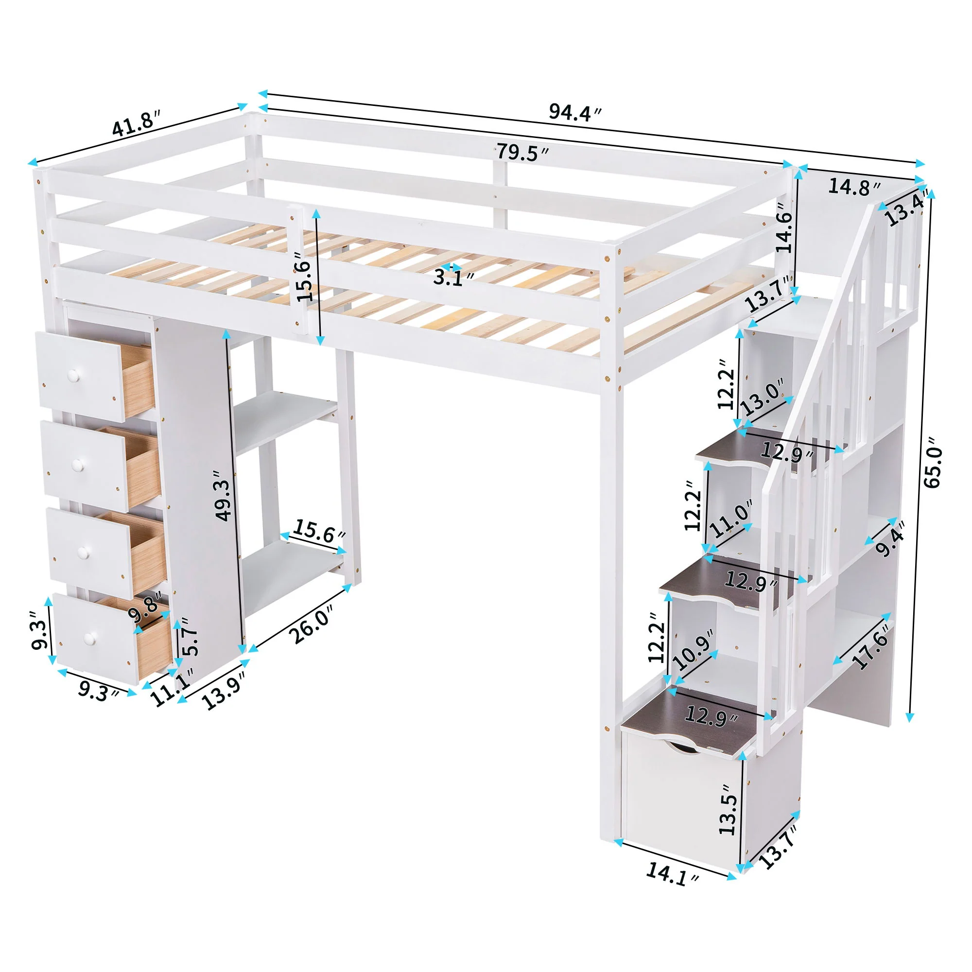 Loft Bed With Storage Drawers And Stairs With Shelves - Image 8