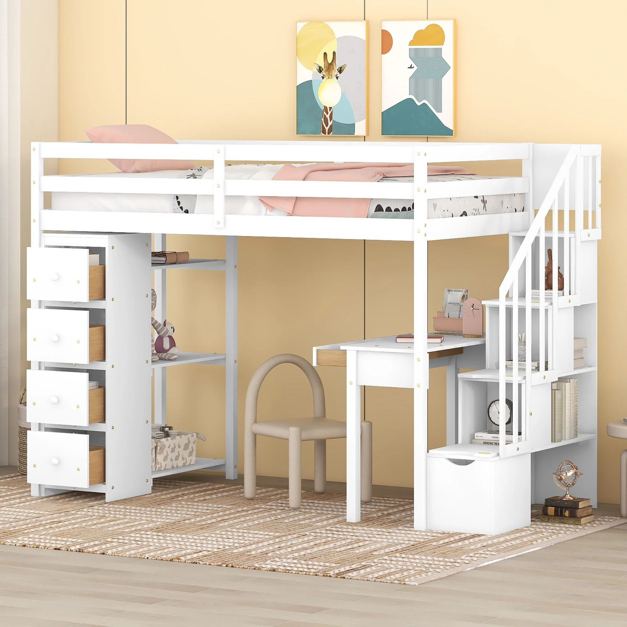 Loft Bed With Storage Drawers, Desk And Stairs With Shelves - Image 2