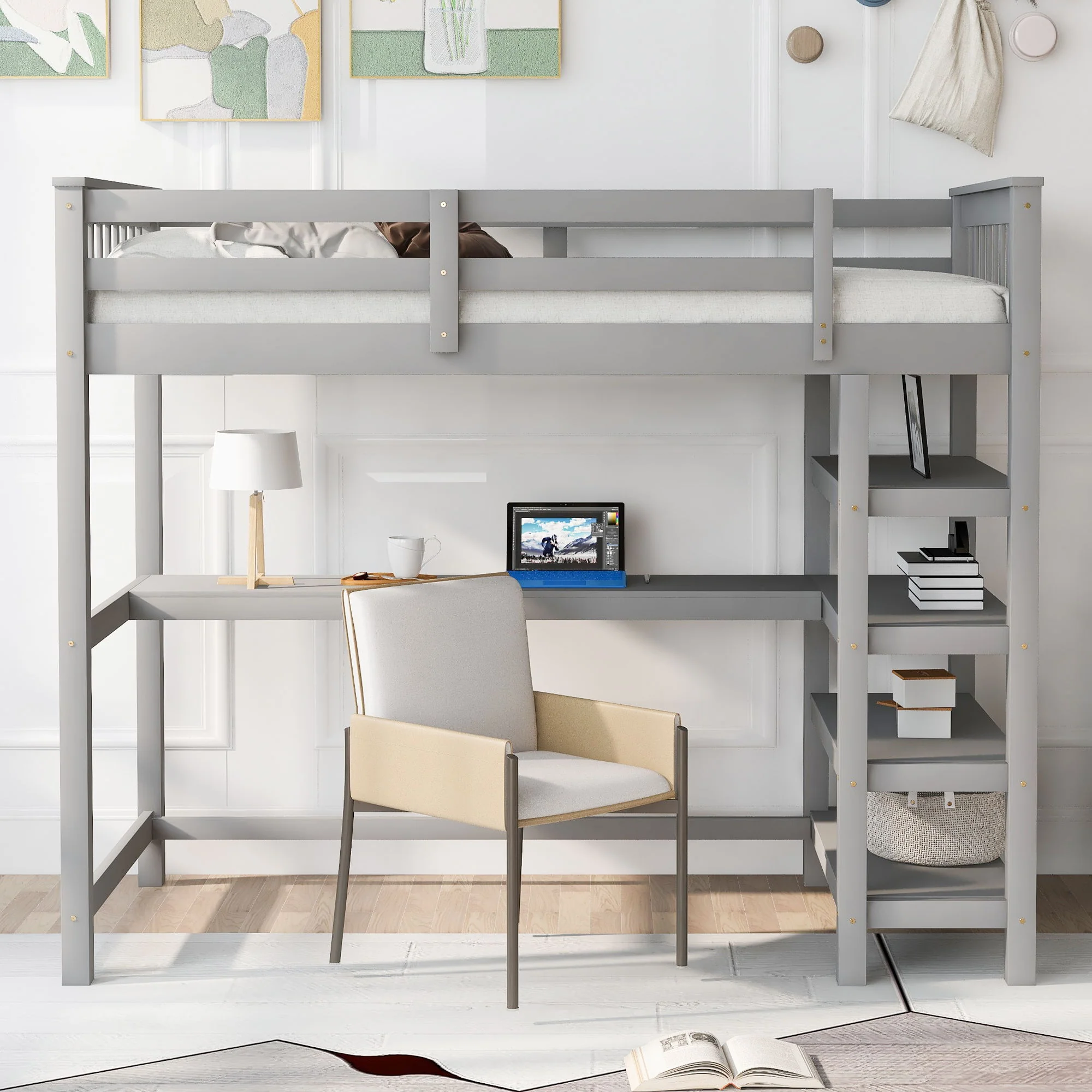 Loft Bed With Storage Shelves And Under Bed Desk - Image 28