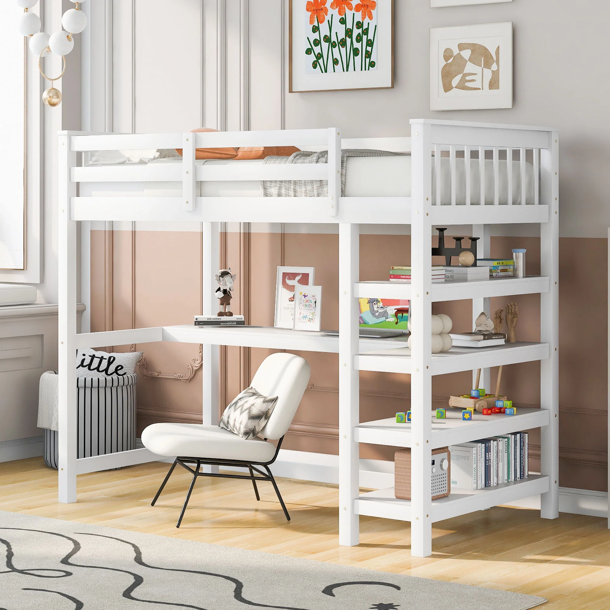 Loft Bed With Storage Shelves And Under Bed Desk - Image 37