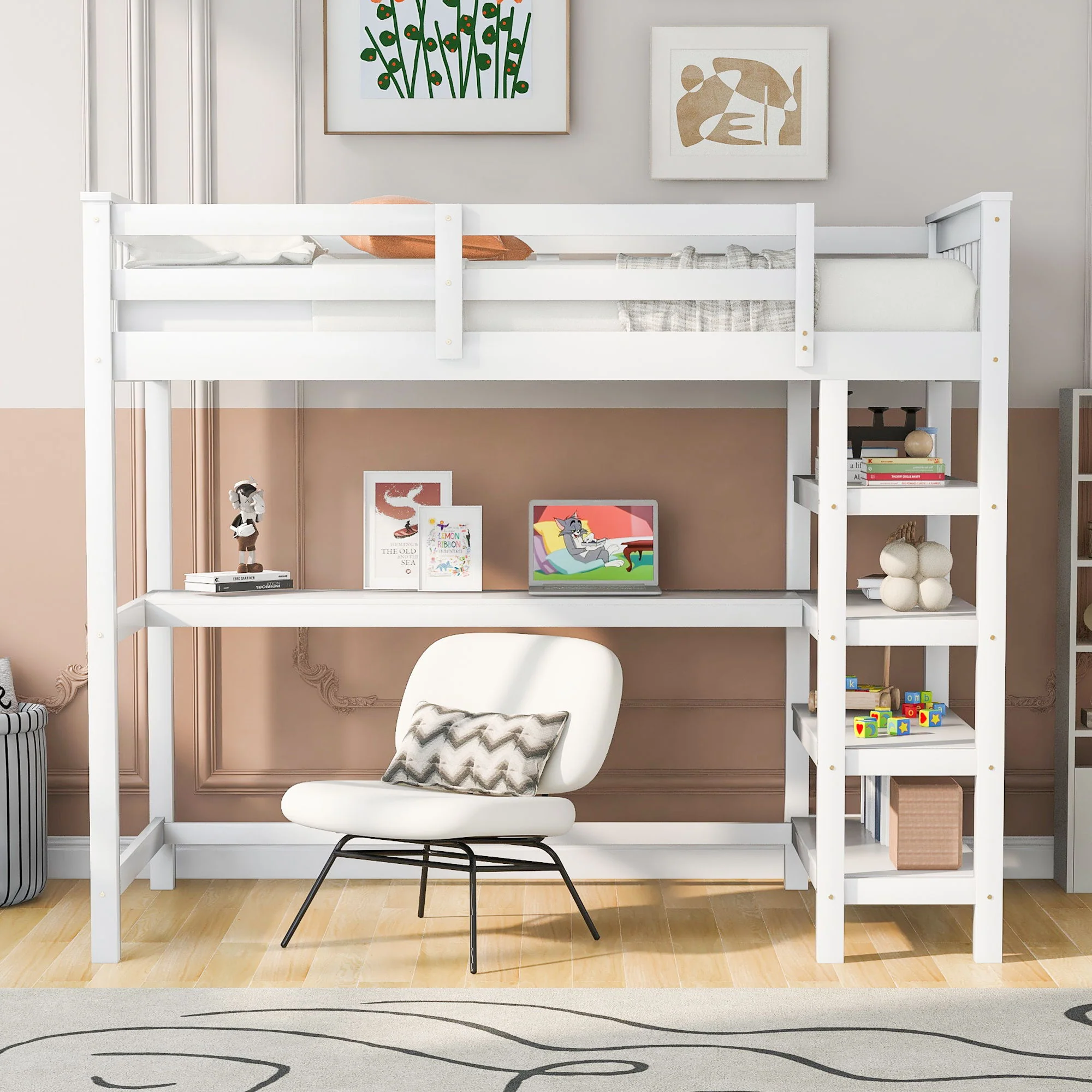 Loft Bed With Storage Shelves And Under Bed Desk - Image 45