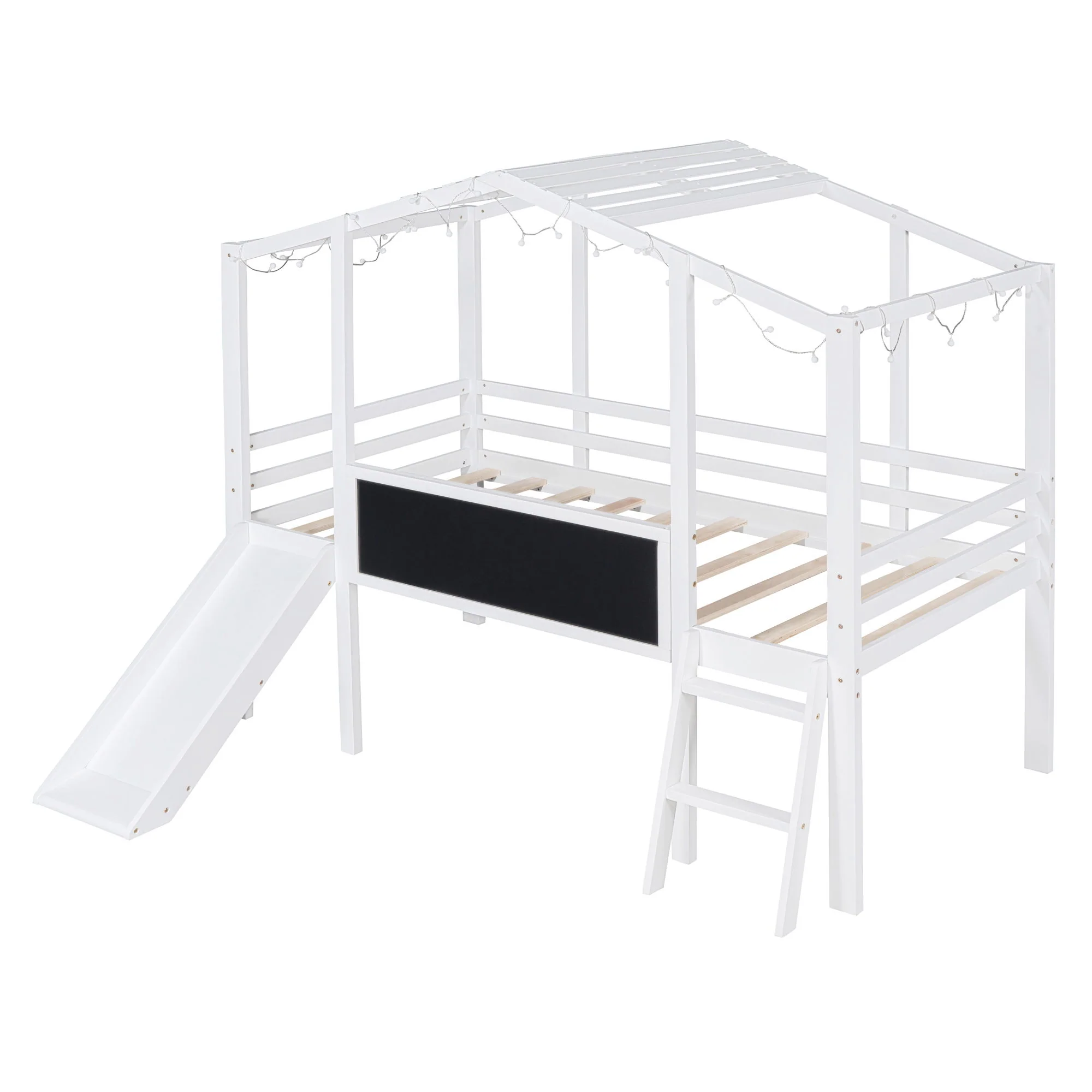 Loft House Bed With Ladder And Slide, With board And Light Strip On The Roof - Image 16