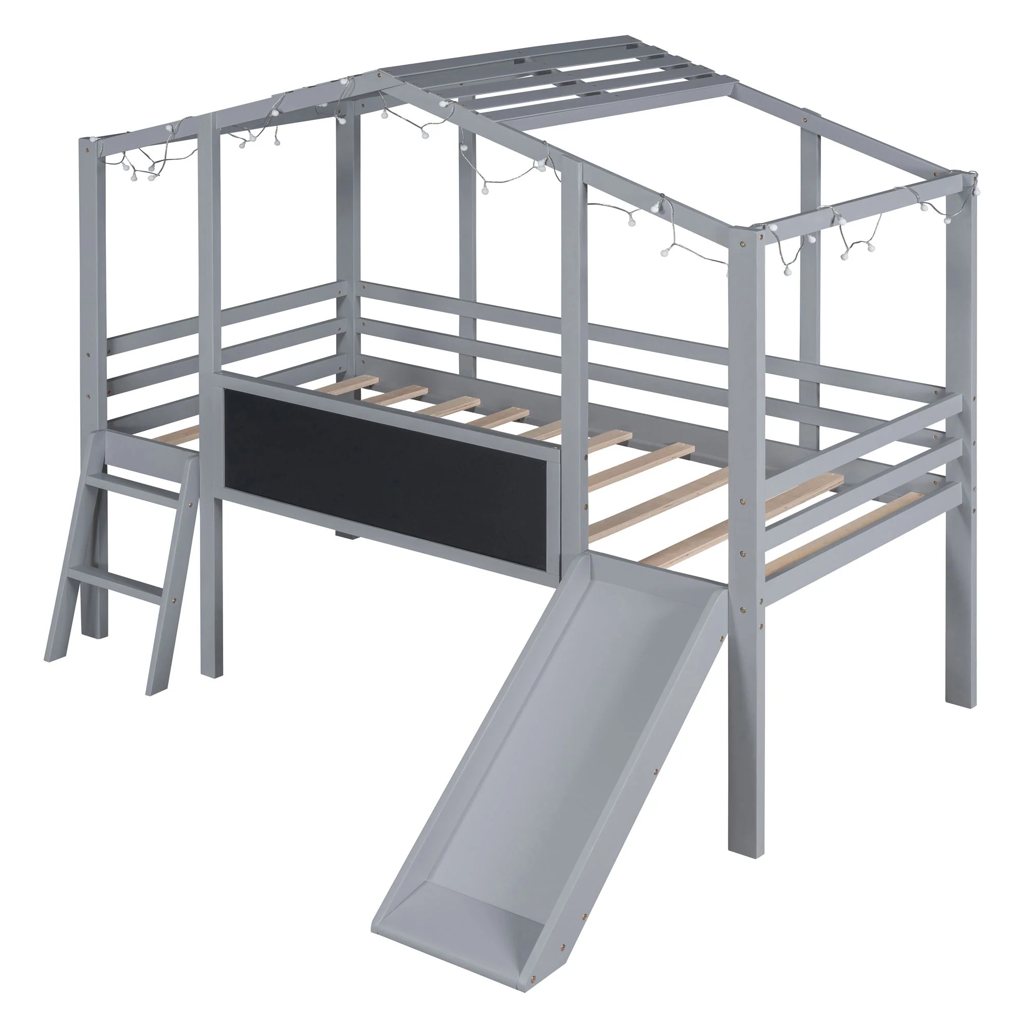 Loft House Bed With Ladder And Slide, With board And Light Strip On The Roof - Image 3