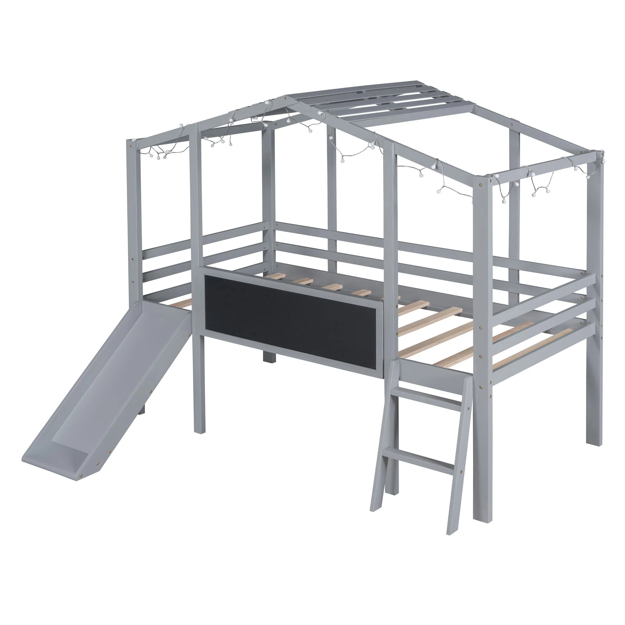 Loft House Bed With Ladder And Slide, With board And Light Strip On The Roof - Image 9