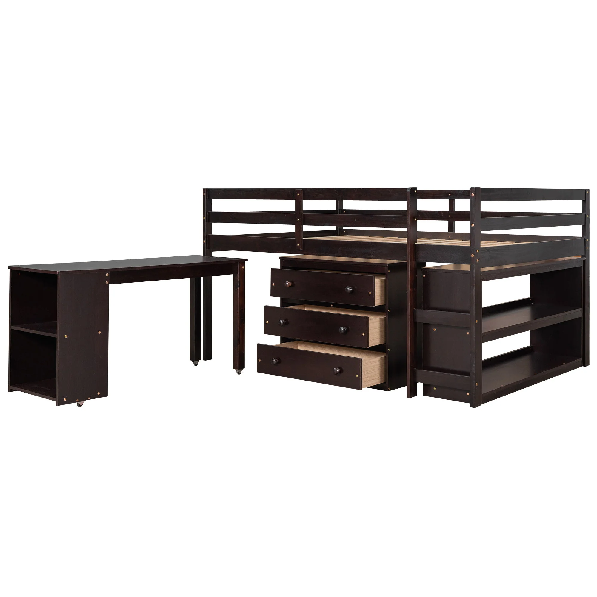 Loft Low Study Bed With Cabinet, Shelves And Rolling Portable Desk, Multiple Functions - Image 3
