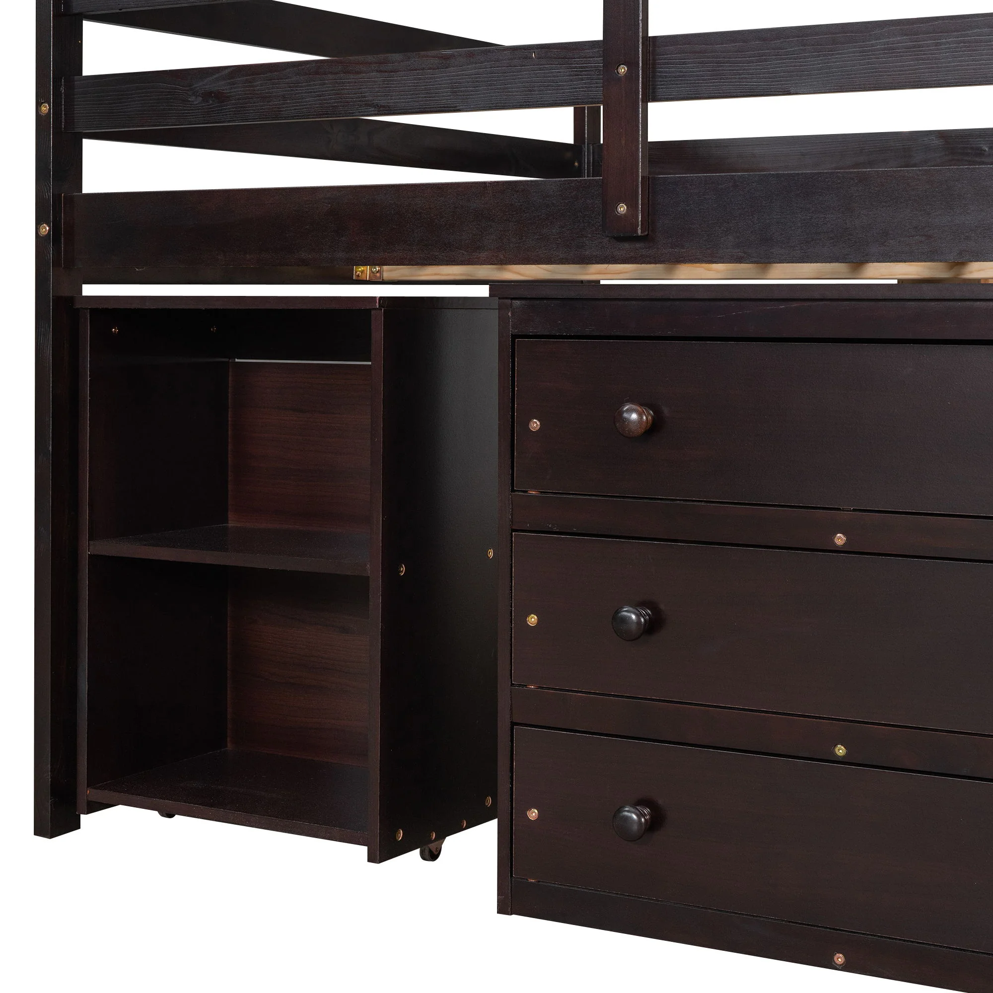 Loft Low Study Bed With Cabinet, Shelves And Rolling Portable Desk, Multiple Functions - Image 5