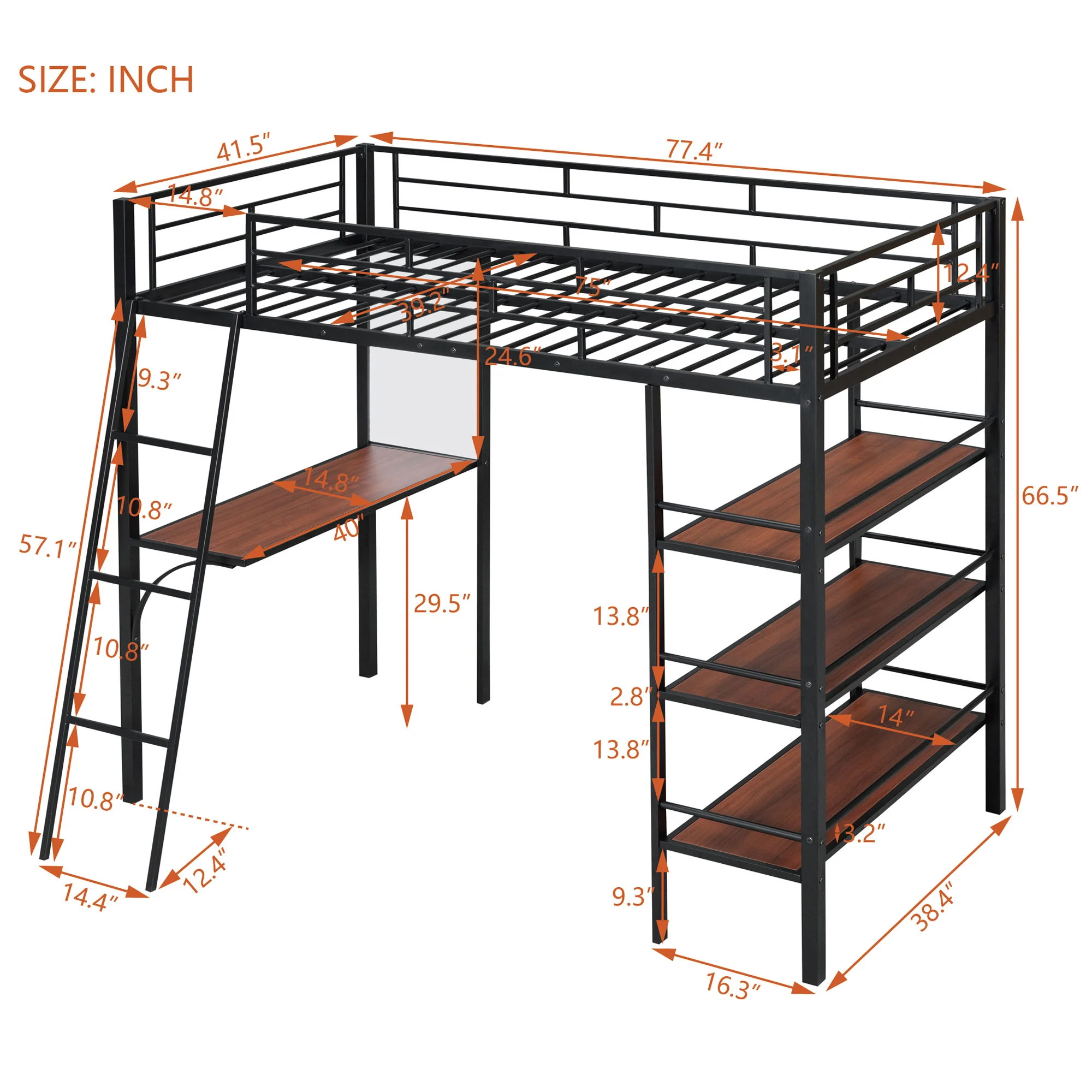 Loft Metal Bed With 3 Layers Of Shelves And Desk, Stylish Metal Frame Bed With board - Image 7